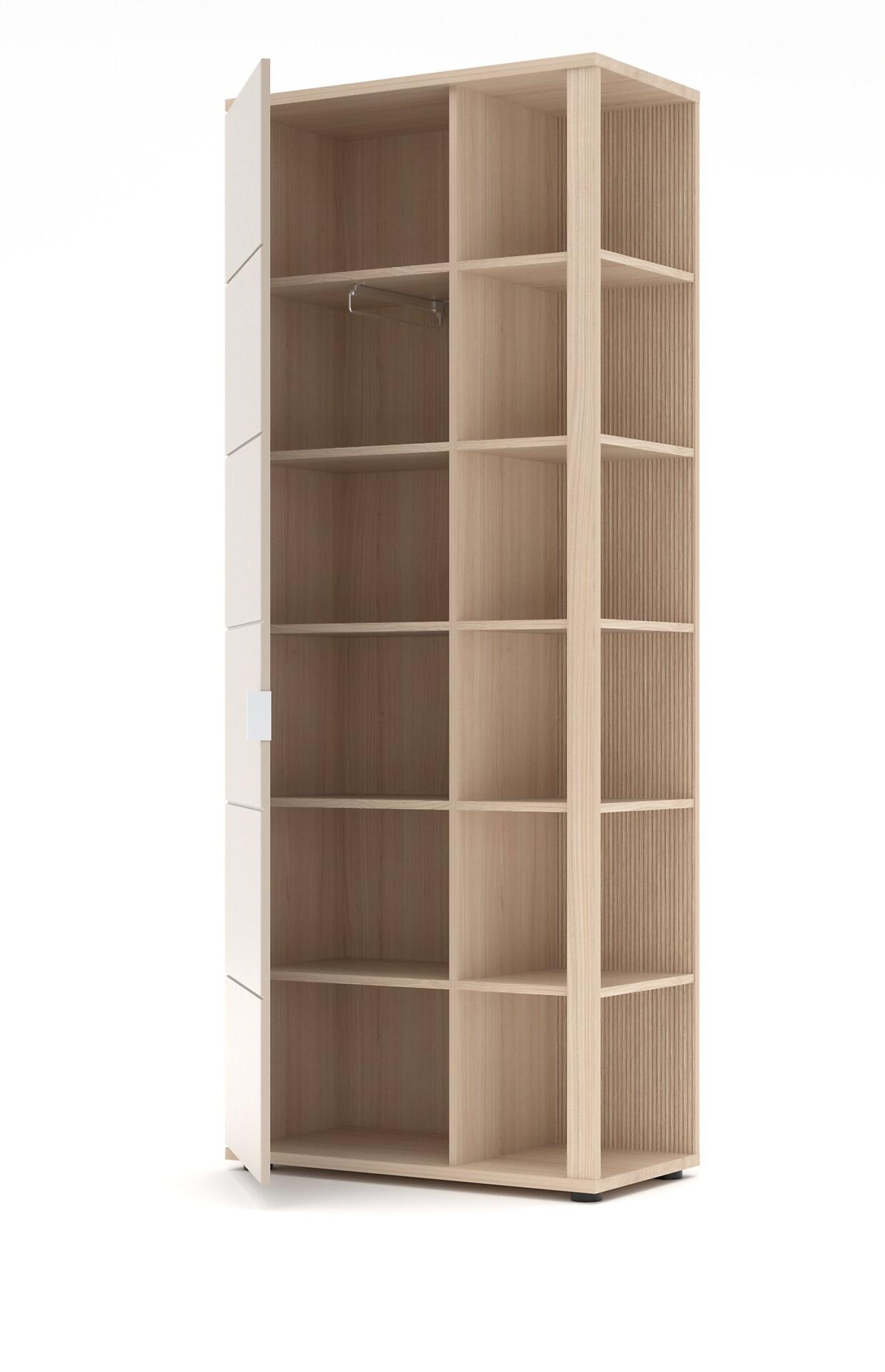 Garderobenschrank Basel-G mit offener Holztür, Kleiderstange und Regalfächern in 3/4-Perspektive.
