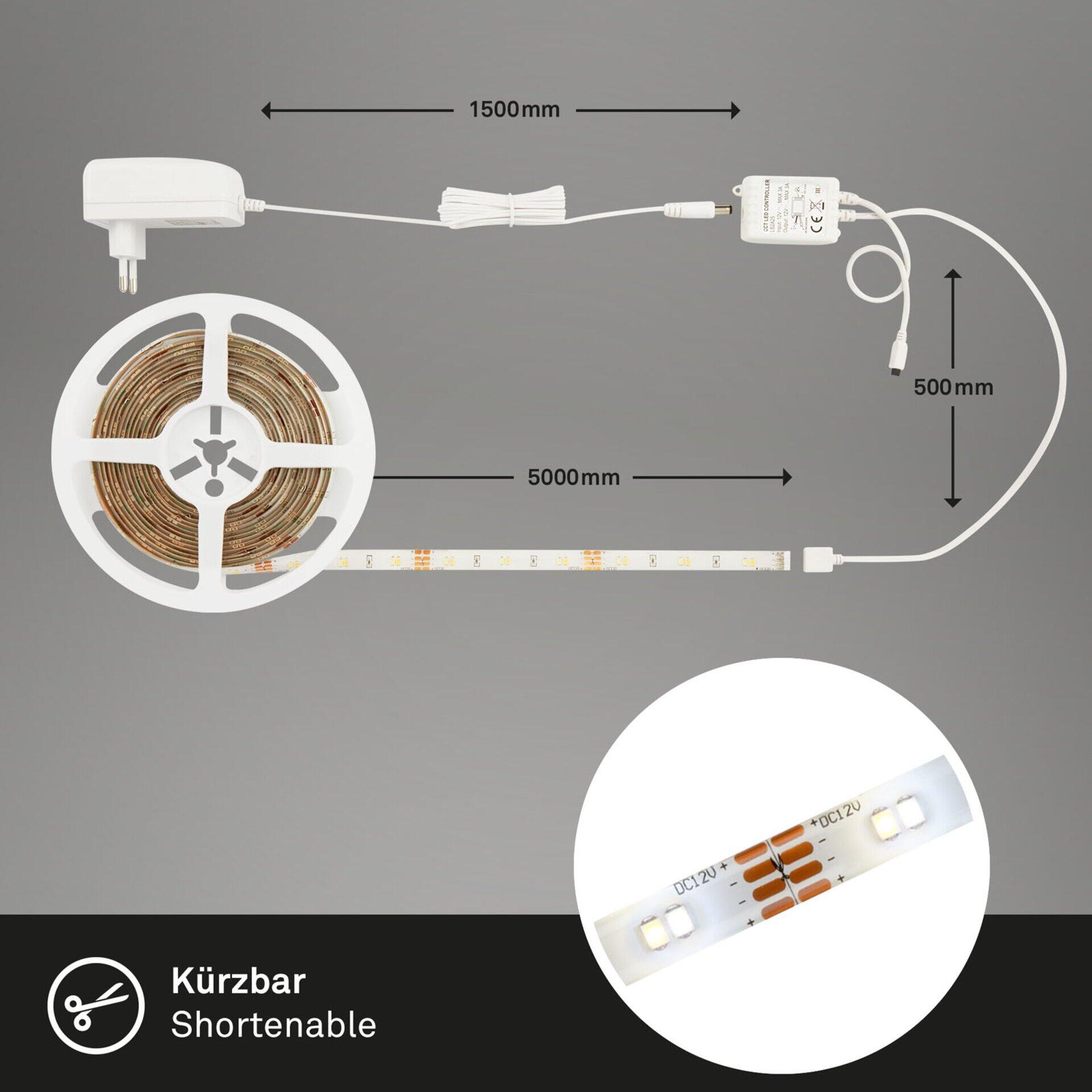 LED Band, Led Superline BRILO: Rolle LED-Streifen auf Spule mit Netzkabel, Adapter und Symbol für die Kürzbarkeit des Streifens.