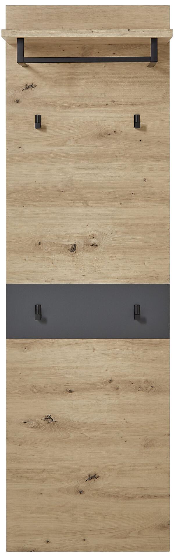 Garderobenpaneel Memphis mit Artisan Eiche Nb Front und graphitfarbener Absetzung, Details der linken hellen Holzoptik und der rechten anthrazitfarbenen Seite mit zwei Metallgriffen und einer horizontalen Metallleiste.