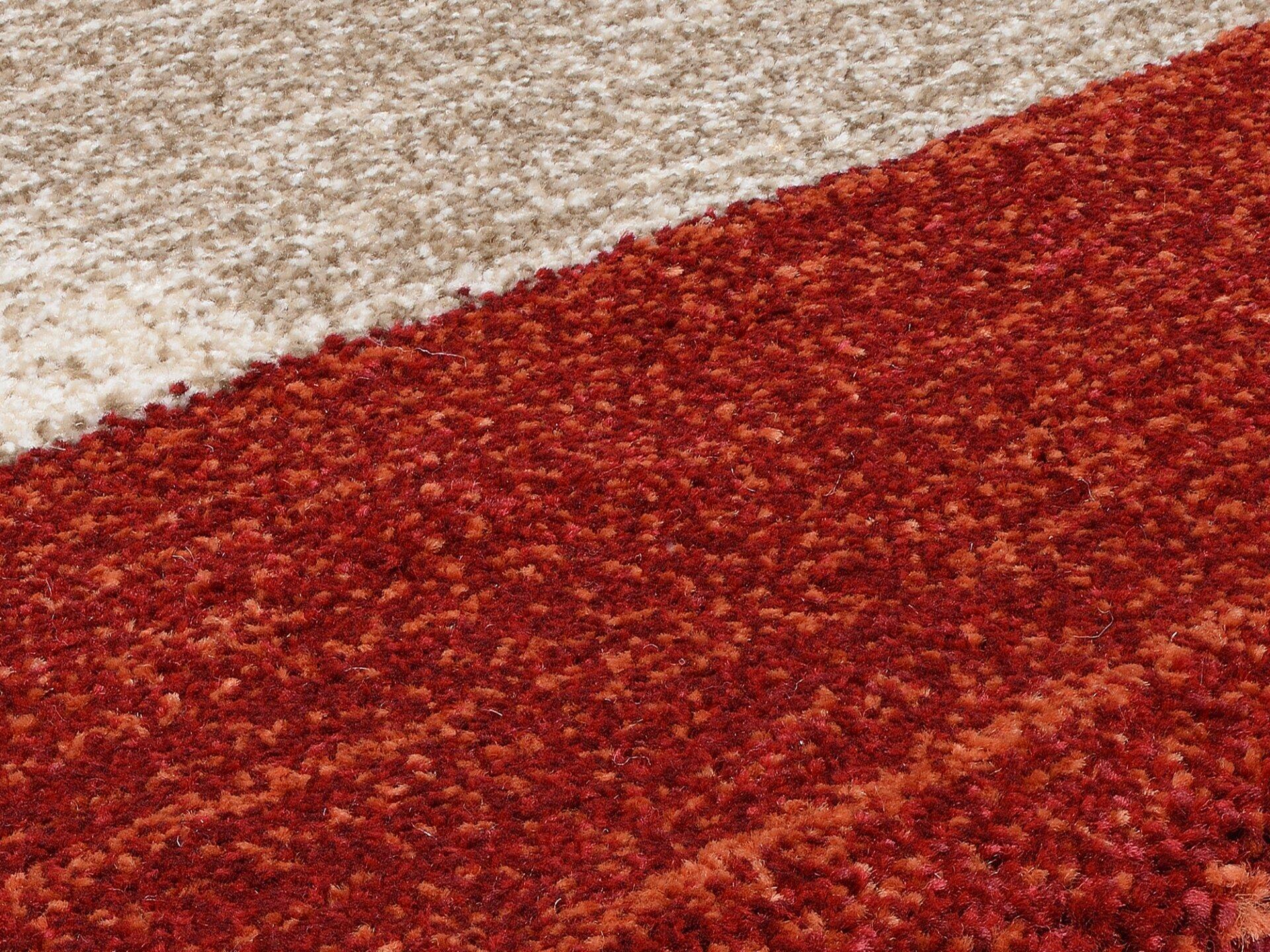 Detailaufnahme eines roten, flauschigen Teppichbereichs aus dem Maschinenwebteppich Salda mit cremeweißer Abgrenzung.