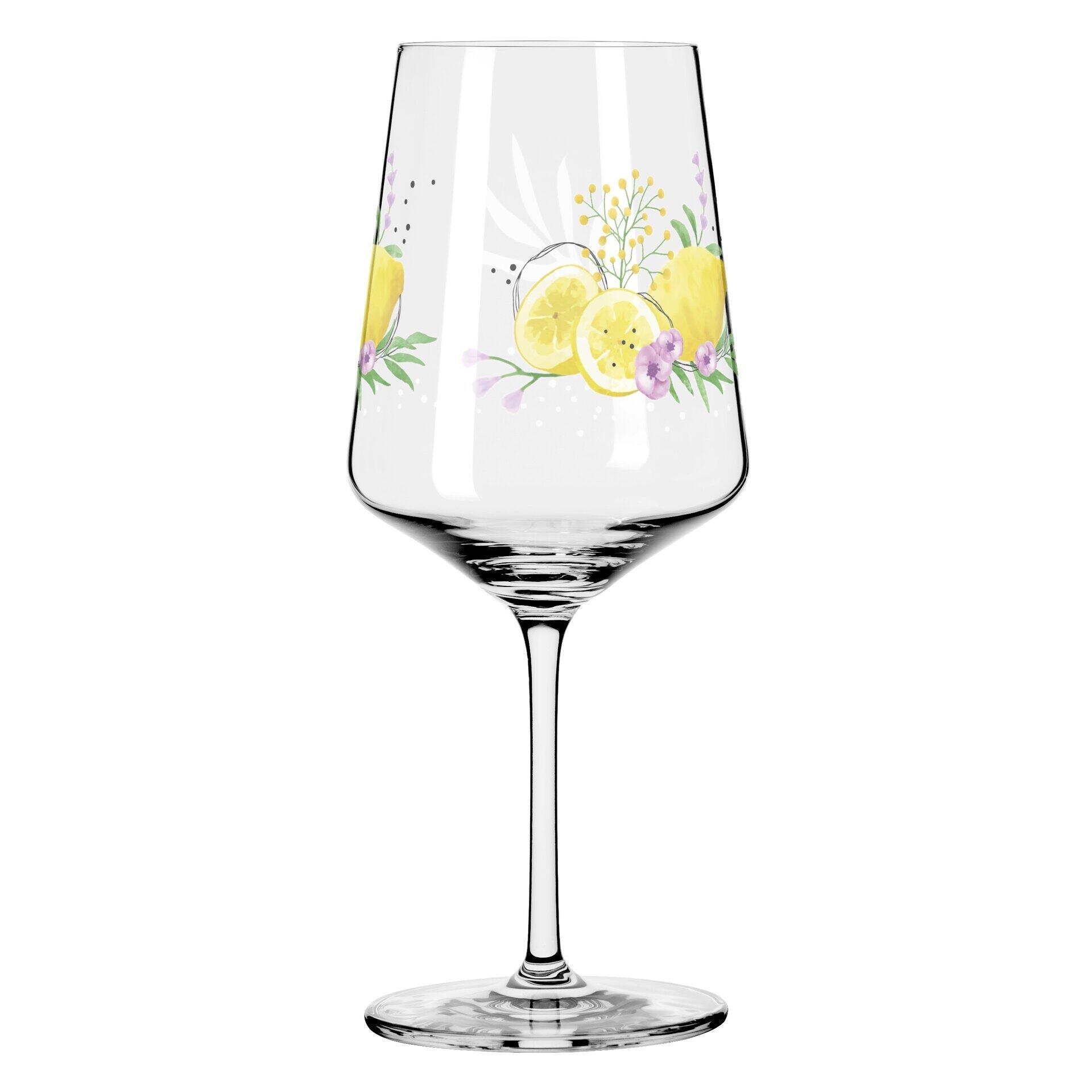 Aperitifglas mit floralem Dekor aus Zitronen, Blättern und Blüten in eleganter Form und modernem Design.