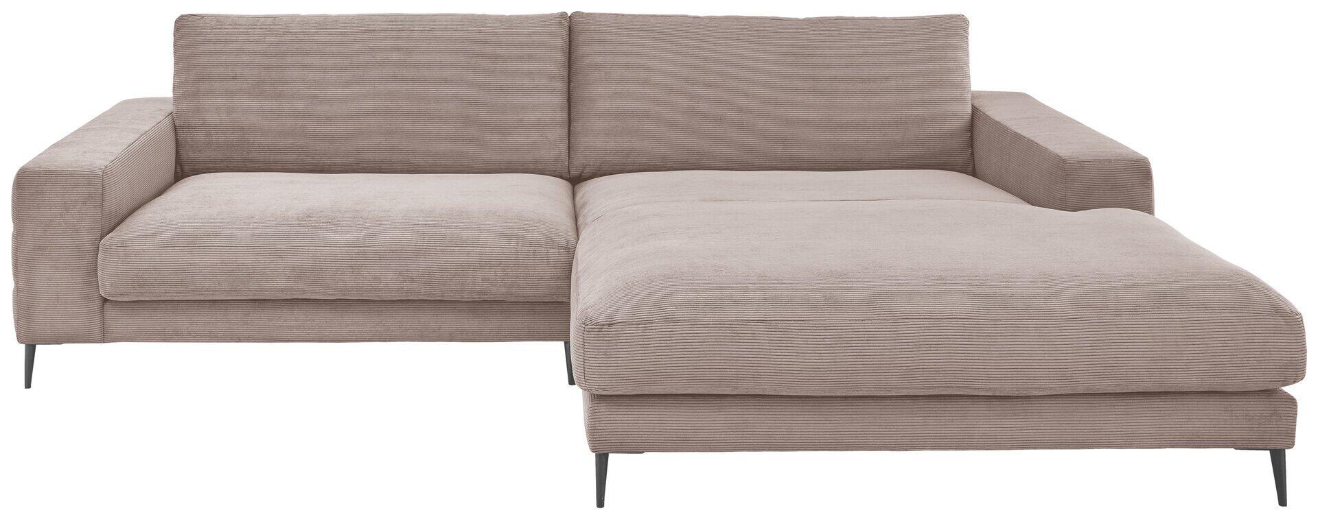 Eckcouch Badia Base 2.0 in sandfarbener Cordoptik mit Metallfüßen, gezeigt in 3/4-Ansicht mit integrierter Chaiselongue links.