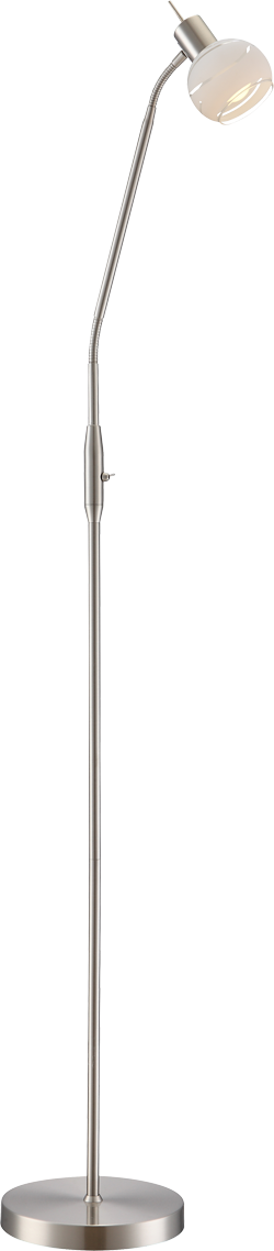 Stehleuchte ELLIOTT mit schwenkbarem Arm und gebogenem Lampenschirm für flexible Lichtausrichtung.