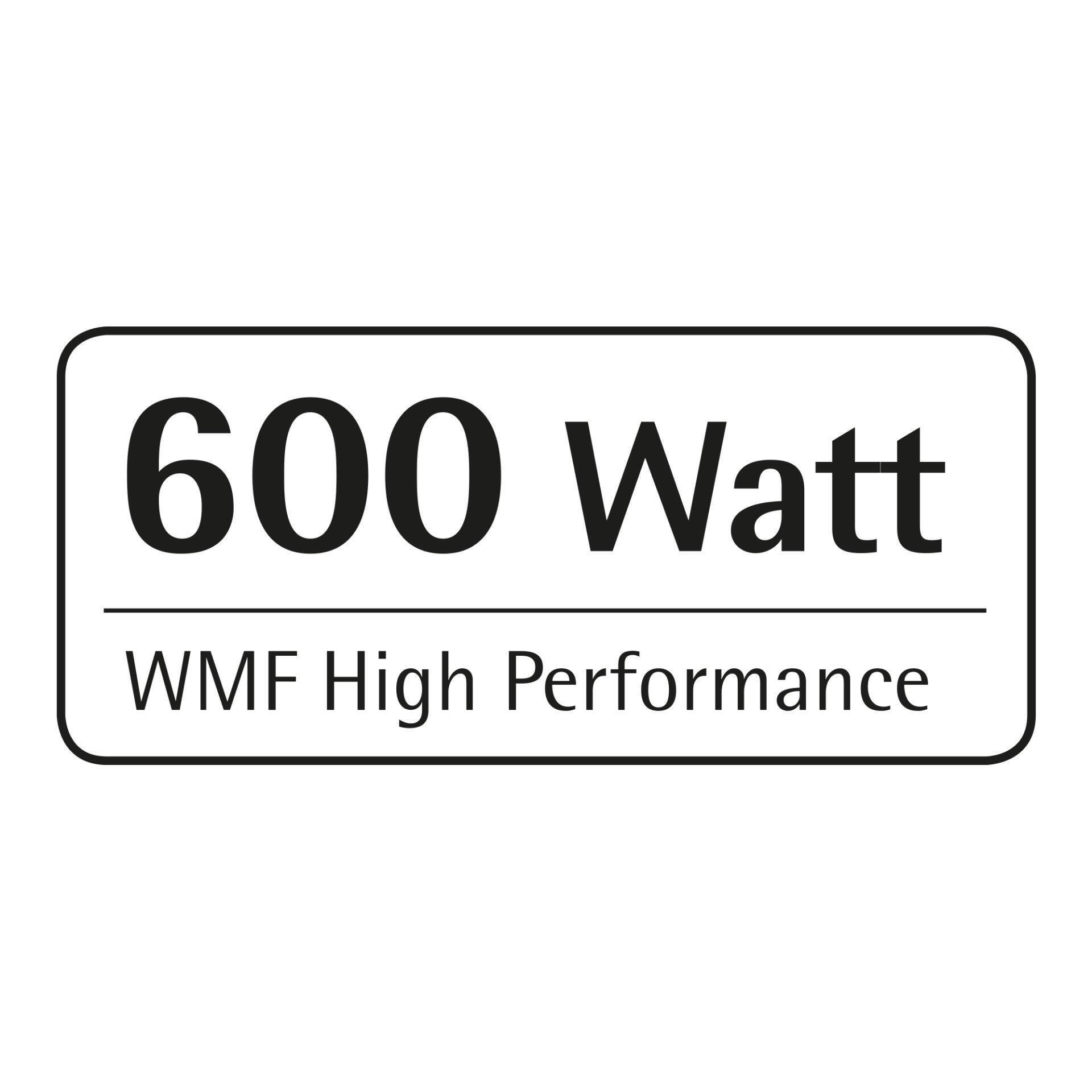 WMF Kult X Stabmixer: Schild mit Angabe der 600 Watt Leistung und "WMF High Performance" Schriftzug.