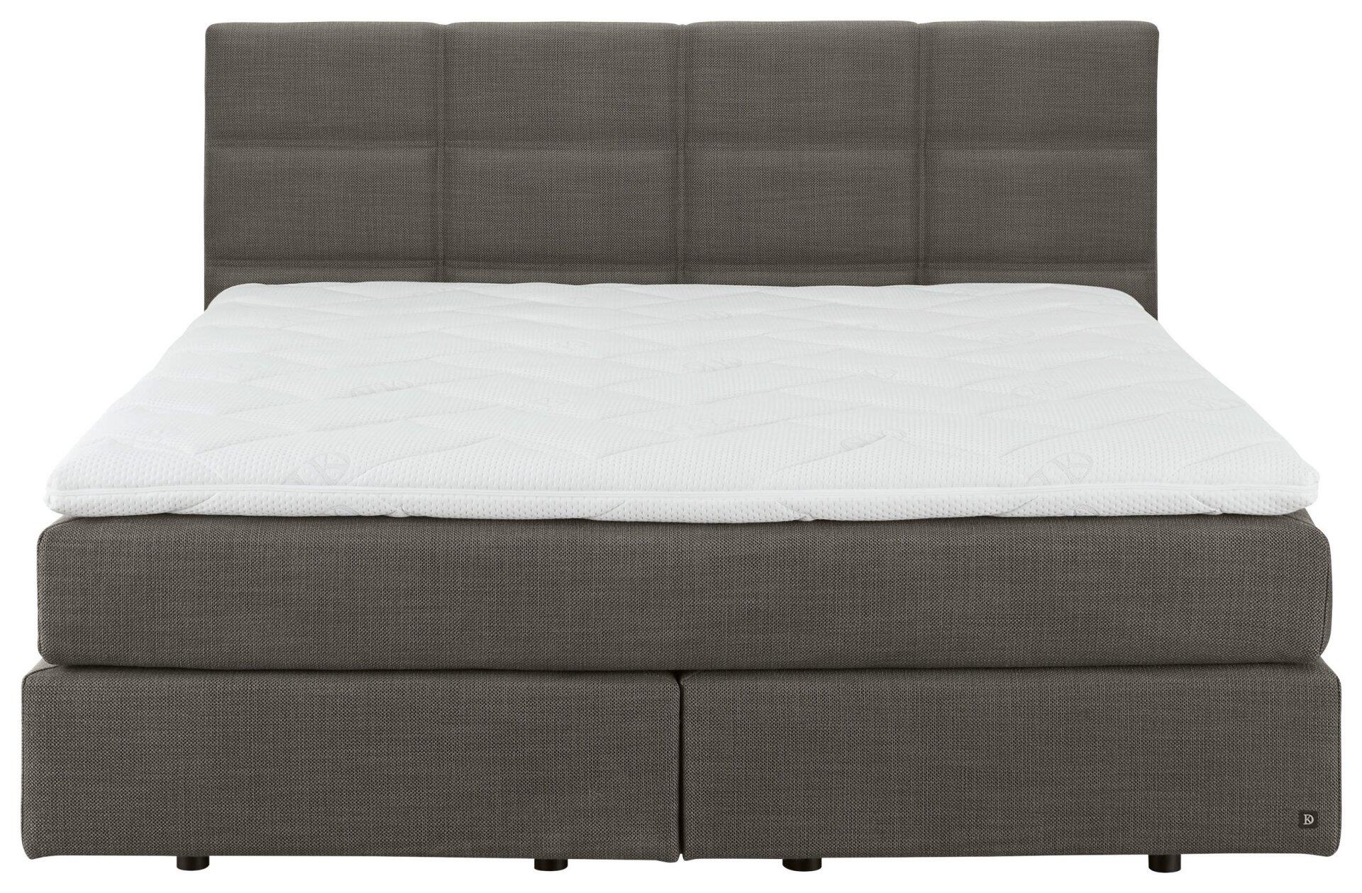 Boxspringbett Luxor Line BX mit grauem Bezug, Rechtecksteppung im Kopfteil und integrierten Schubladen in den Seiten.
