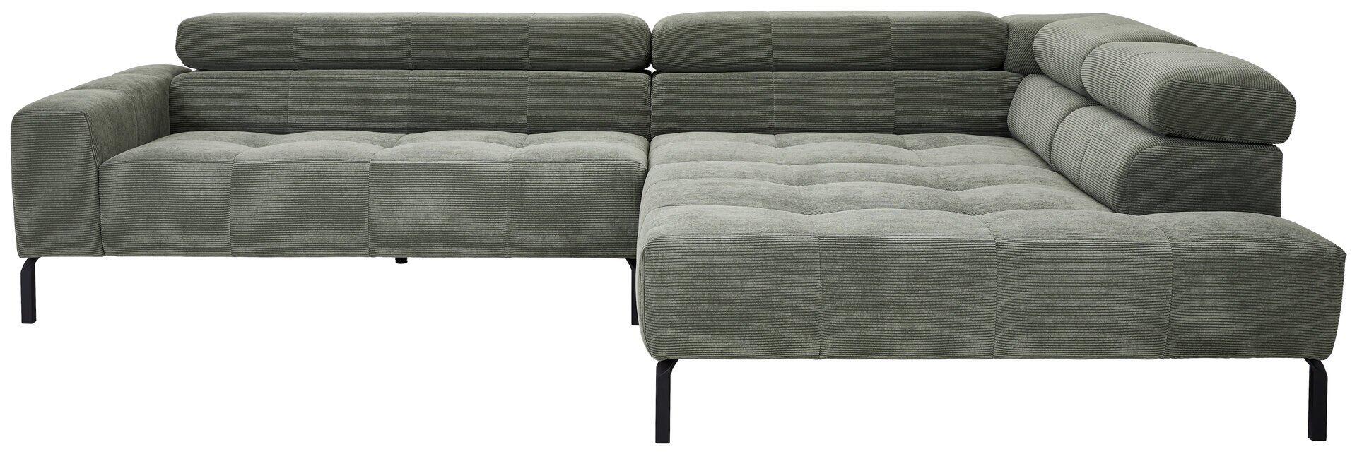 Eckcouch Cillia 2.0 mit geometrischem Design und abnehmbarer Kopfteilverstellung auf schlanken, schwarzen Metallfüßen.