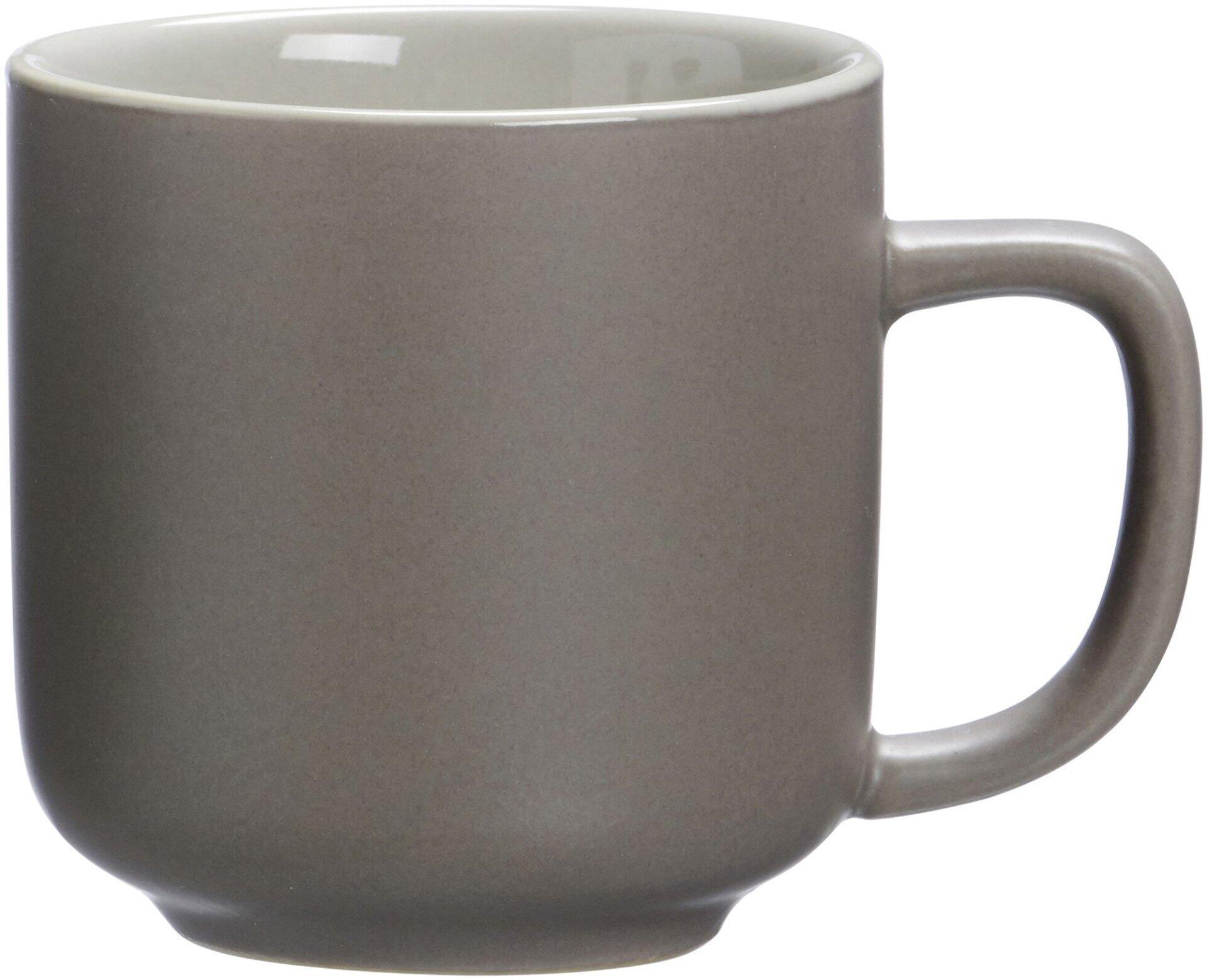Espressooberer Jasper, zylindrische Keramiktasse mit grau-mattierter Oberfläche, abgerundeter Oberseite, breiter Basis und Henkel.
