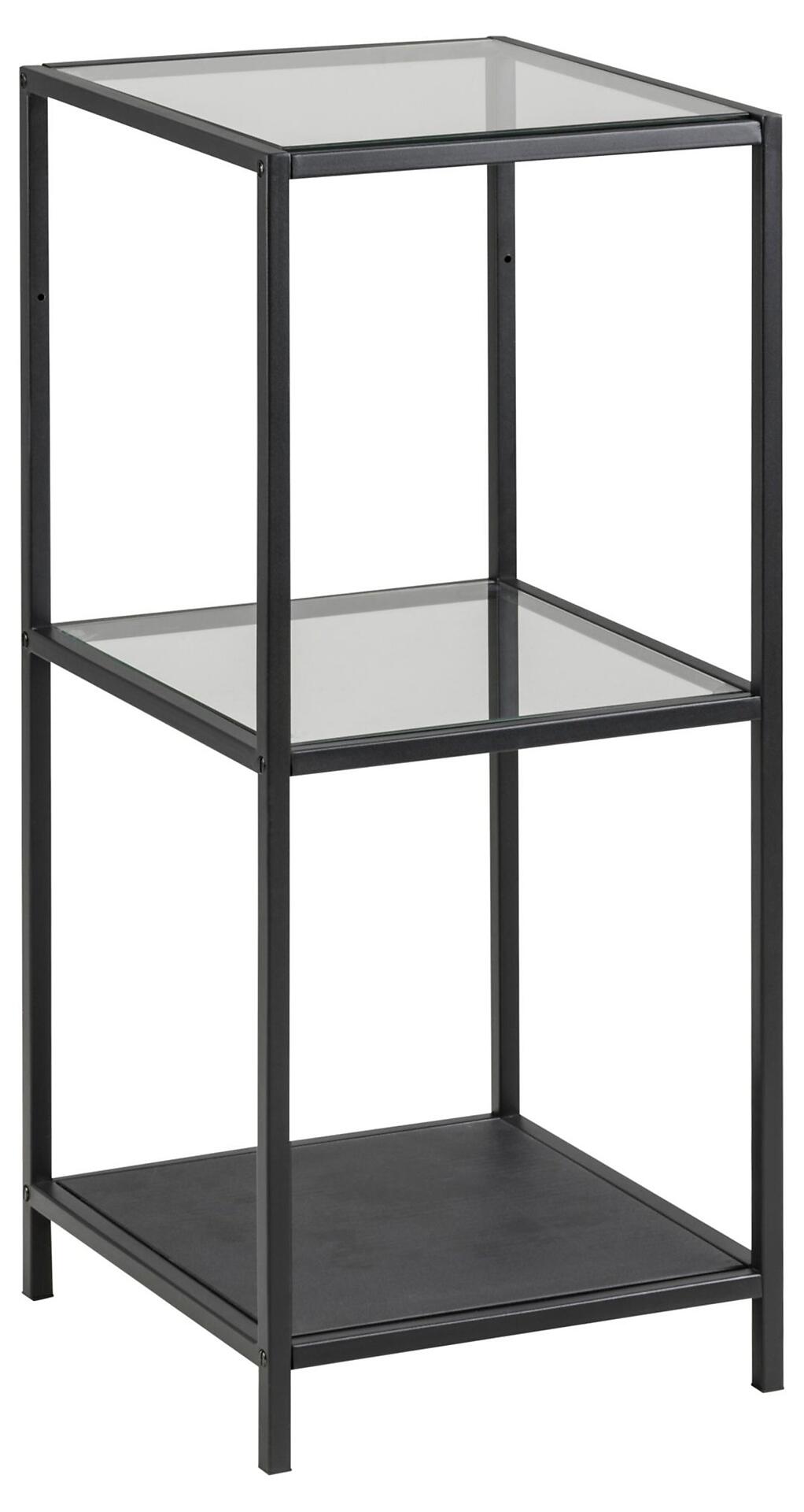 Schwarzes, metallisches Regal Seaford mit drei transparenten Glasablagen und schlanker Rahmenstruktur, seitlich abgebildet.