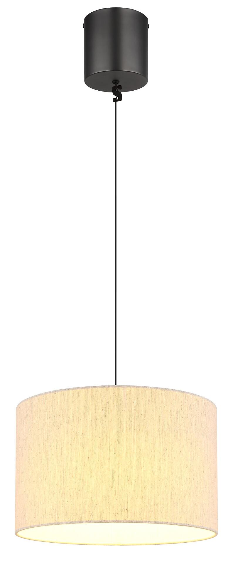 Hängeleuchte THEA mit schwarzem Aufhängungselement, beige-hellbraunem, strukturiertem Schirm und höhenverstellbarer Kabellänge von 86 bis 180 cm.