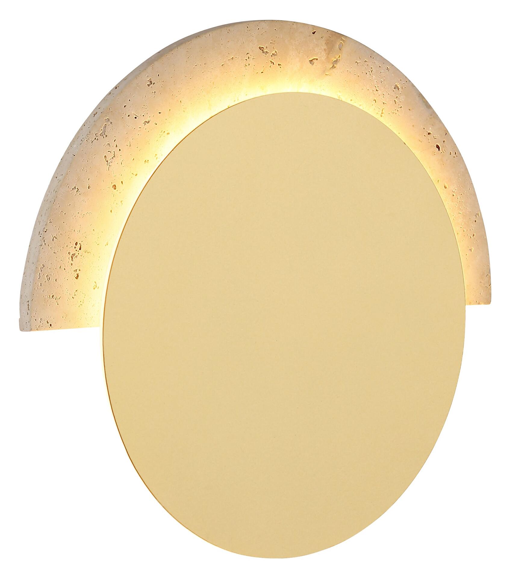 Wandleuchte ROJAS mit runder Travertin-Glasabdeckung, die in Frontalperspektive ein warmes, goldenes Licht abstrahlt.