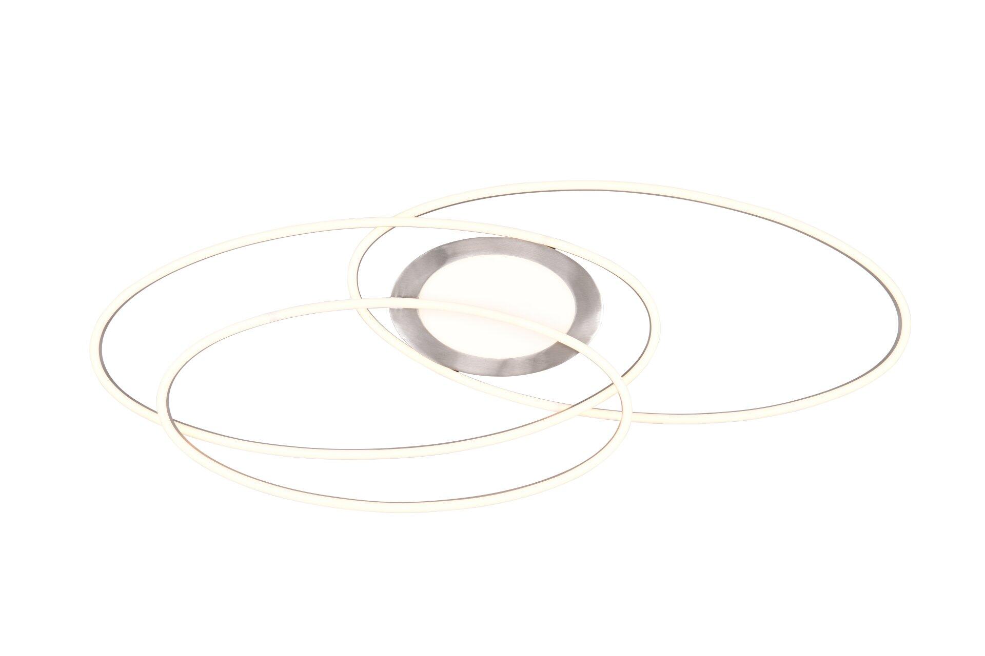 Deckenleuchte Ovine mit ineinander verschlungenen LED-Ringen, dargestellt aus Frontalperspektive und leicht von oben.