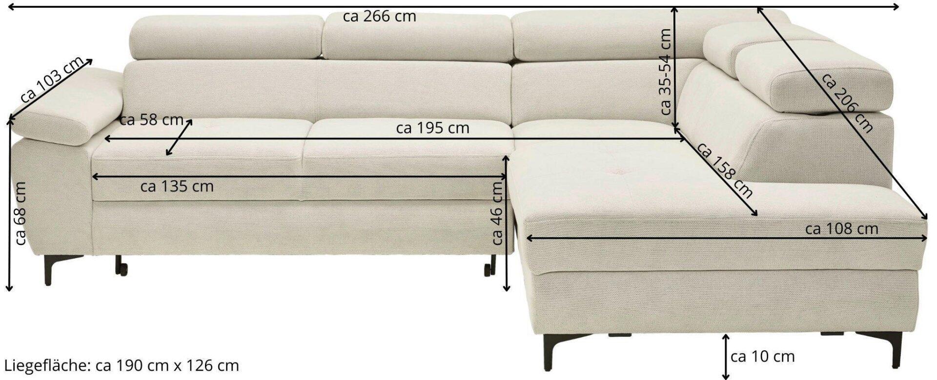 Ecksofa Combo mit abklappbarer Kopfstütze, verstellbaren Arm- und Kopfteilen sowie einer rechts angeordneten Ottomane und niedrigem Winkelfuß.