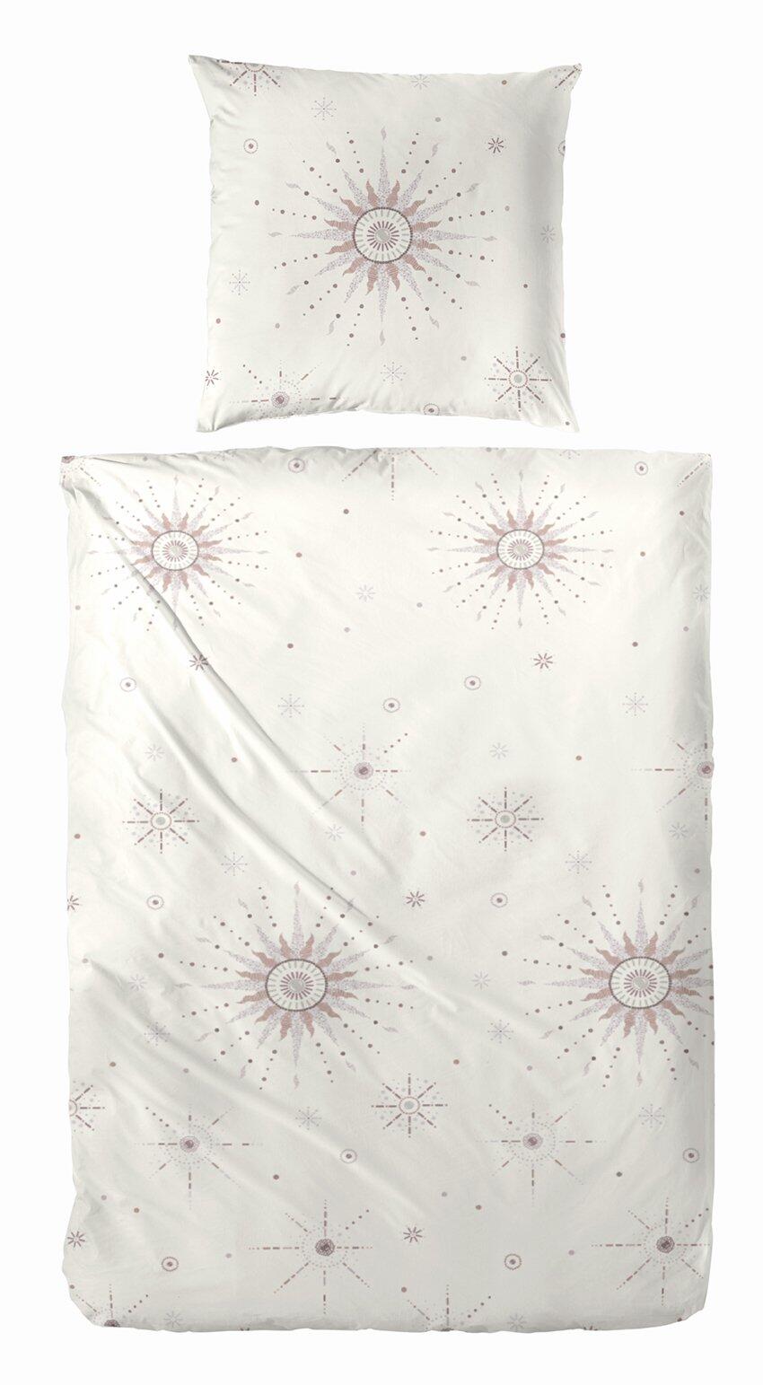 Bettwäsche-Set Ancient Moon aus Mako-Satin-Baumwolle mit hellem, sternförmigem Muster in Rosa und Violett auf grauem Hintergrund.