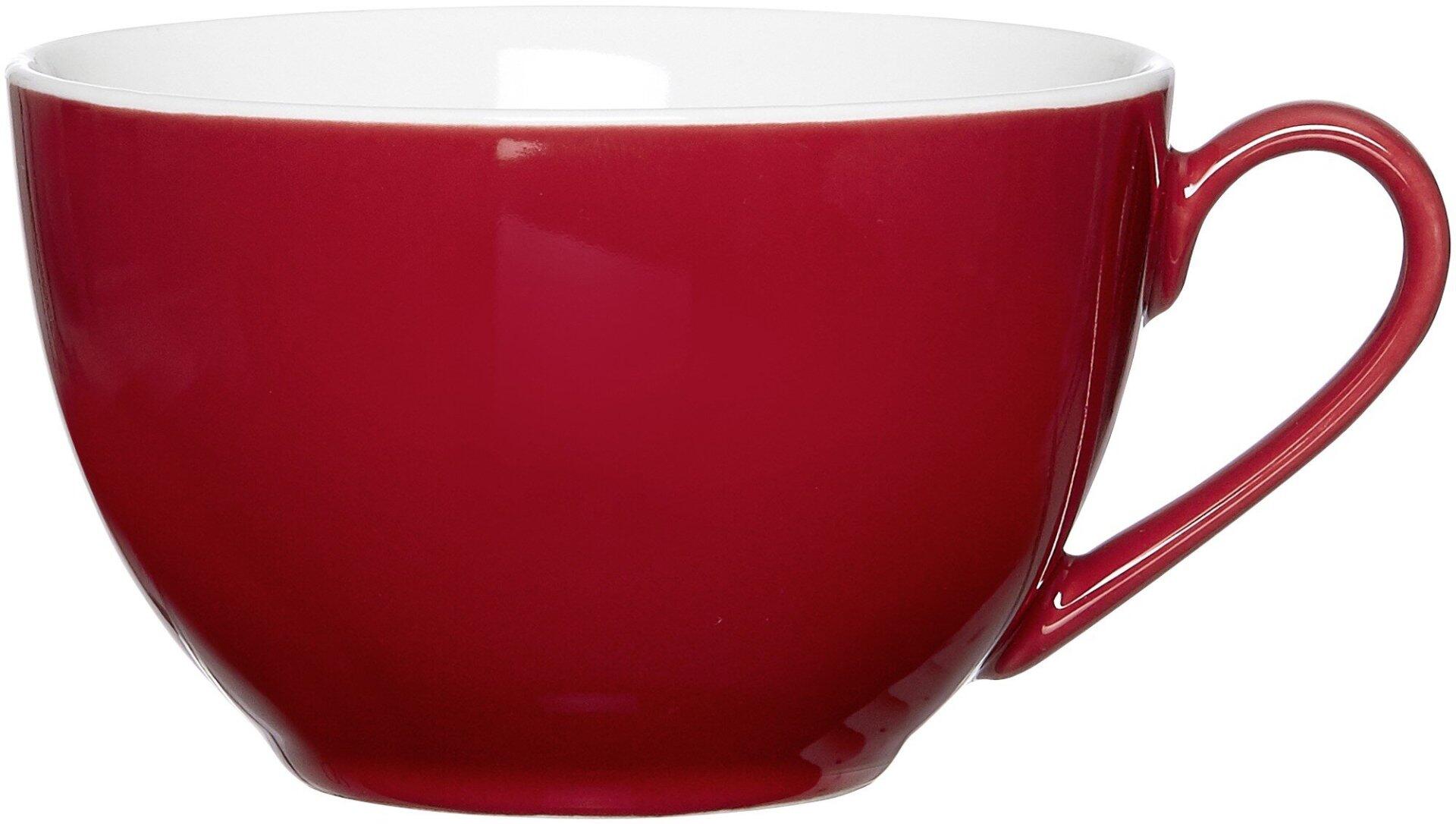Rote, spülmaschinenfeste Kaffeeober Doppio von Ritzenhoff & Breker, seitlich dargestellt mit geschwungenem Henkel und konischer Form.