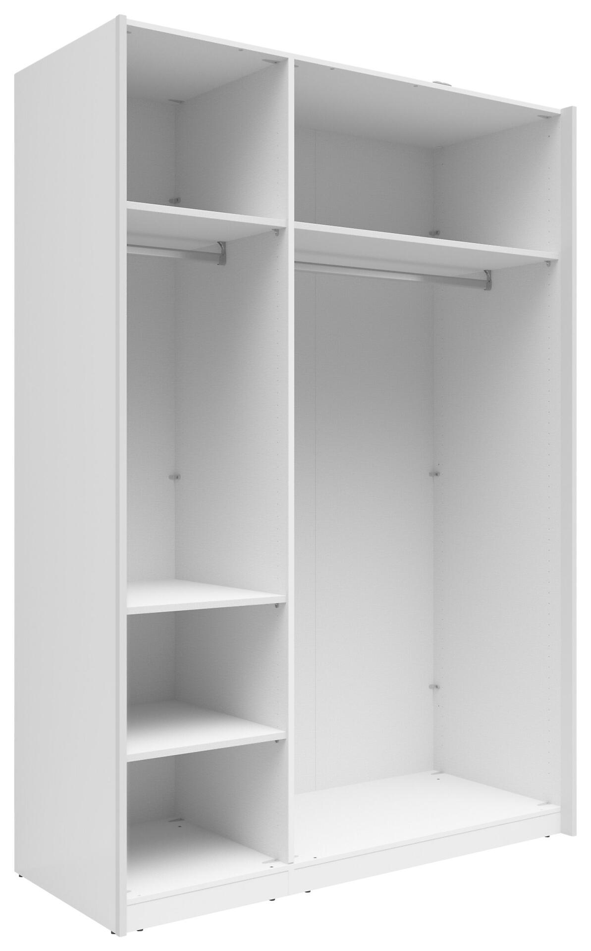 Ein geöffneter, weißer Schrank mit drei fest installierten Einlegeböden im linken Teil und einer Kleiderstange im rechten Teil.