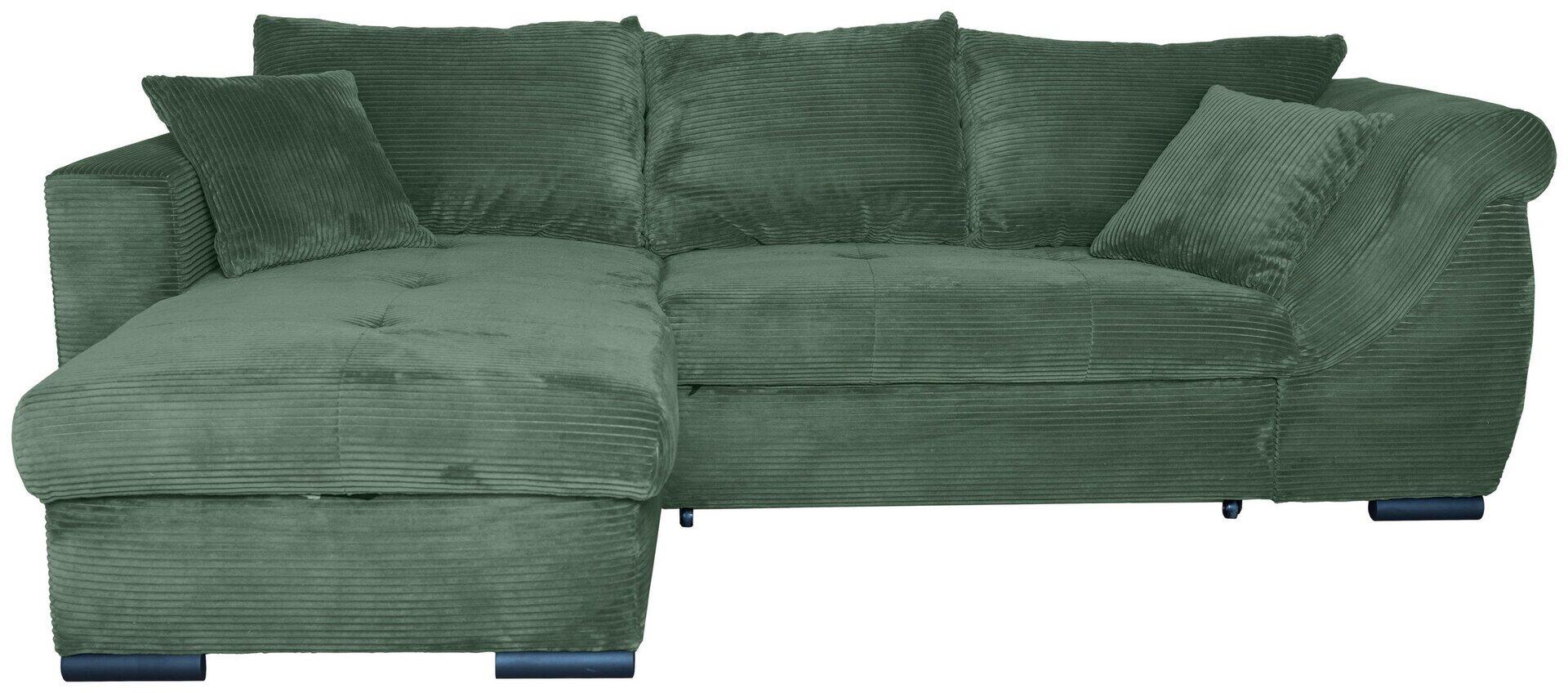 Ecksofa New Dominicana in dunkelgrünem Cordstoff mit abgewinkelter Liegefläche und metallischen Füßen.
