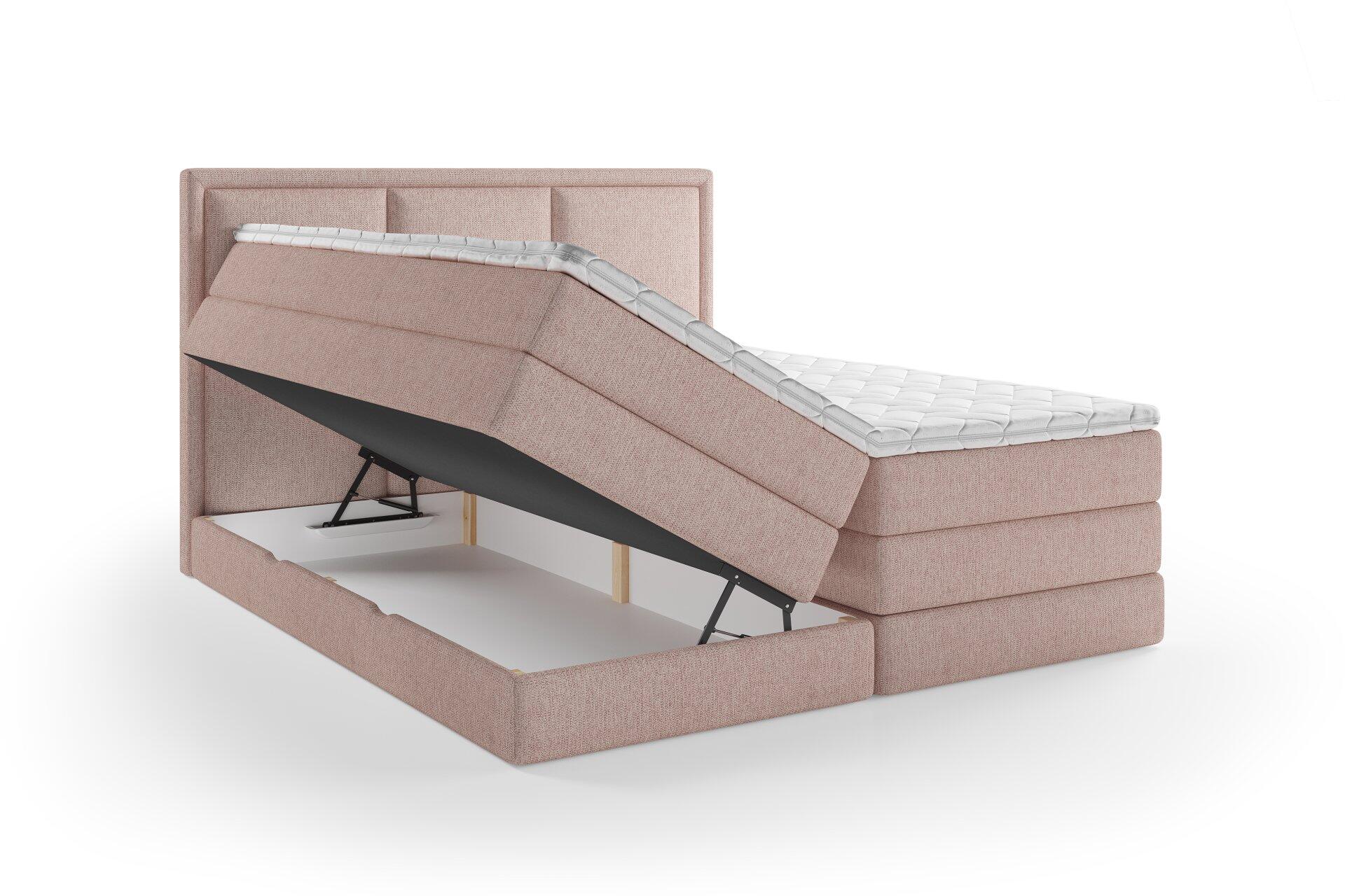 Boxspringbett Swing in Hellrosa mit gestepptem Kopfteil und geöffneter Box, die Stauraum durch Gasdruckfedern bietet.
