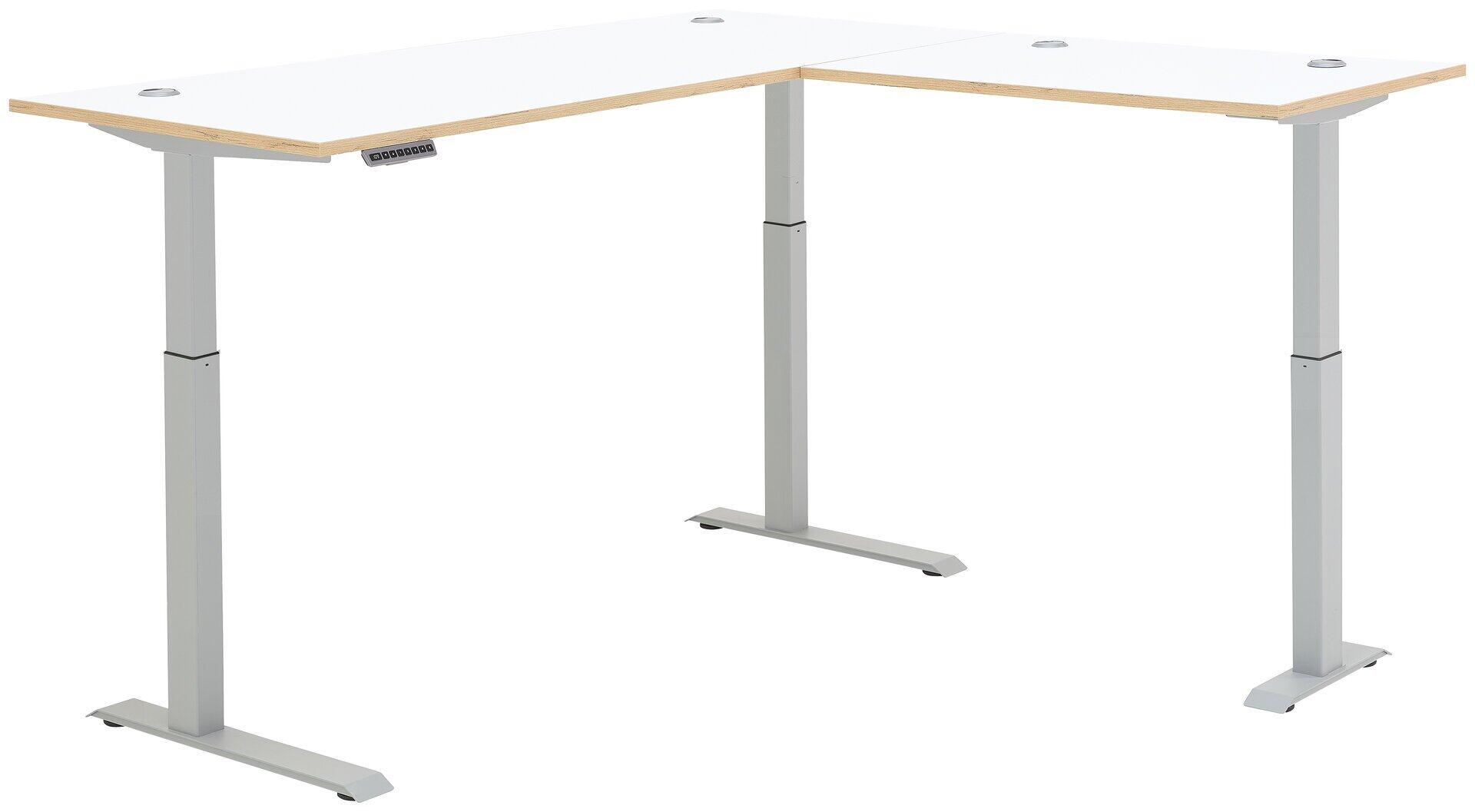 Schreibtisch Memphis mit L-Form, zweifarbigem Artisan Eiche Nb. und weißem MDF-Front, silberfarbenem Metallgestell und Bedienfeld für die höhenverstellbare Funktion.