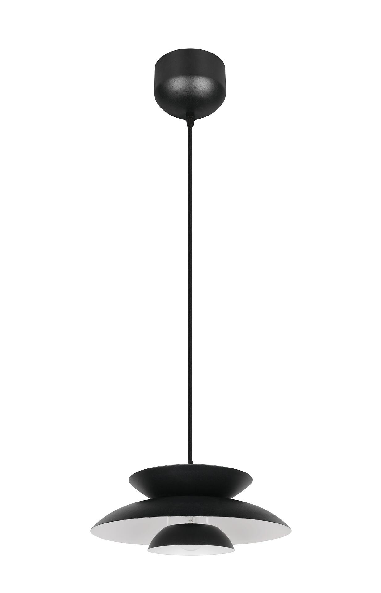 Pendelleuchte Amarila mit drei konischen, schwarzen Schirmen und verstellbarem Metallstiel.