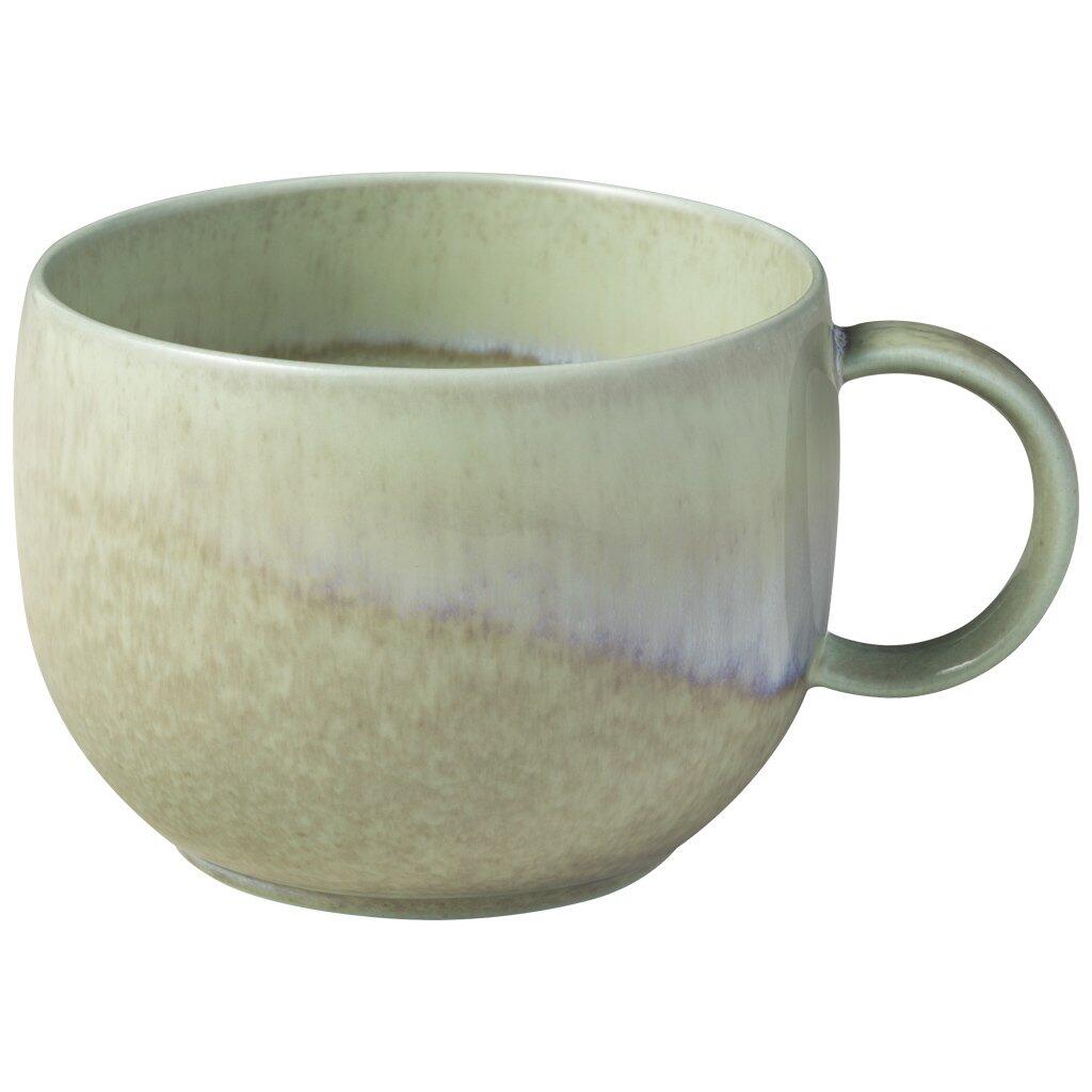 Espressotasse Perlemor Alga von Villeroy & Boch mit bauchiger, runder Form und reaktiver Glasur in einem Farbverlauf von Beige über Grün bis Blau/Violett.