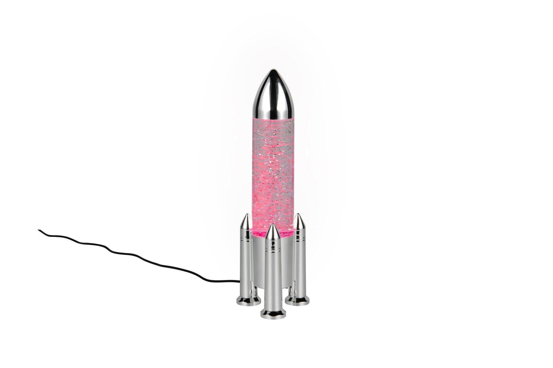 Raketen-Lava-Lampe Apollo mit silbernem Gehäuse und rot-pinkfarbenem Innenleben, dargestellt in einer leicht erhöhten Perspektive vor weißem Hintergrund.