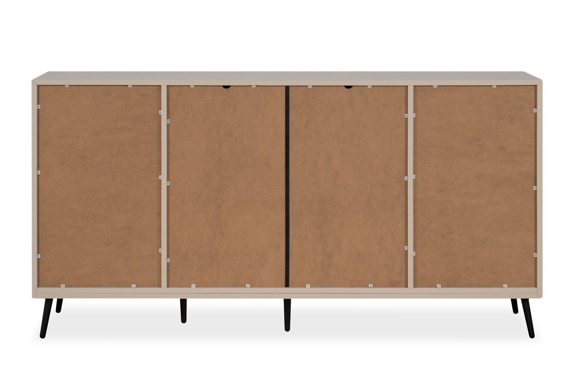 Sideboard Arona 51B mit vier Türen, einem Schubkasten und schwarzen Füßen, aus Blickwinkel auf die Rückseite mit Detail der Türen und der hellen Rückwand.