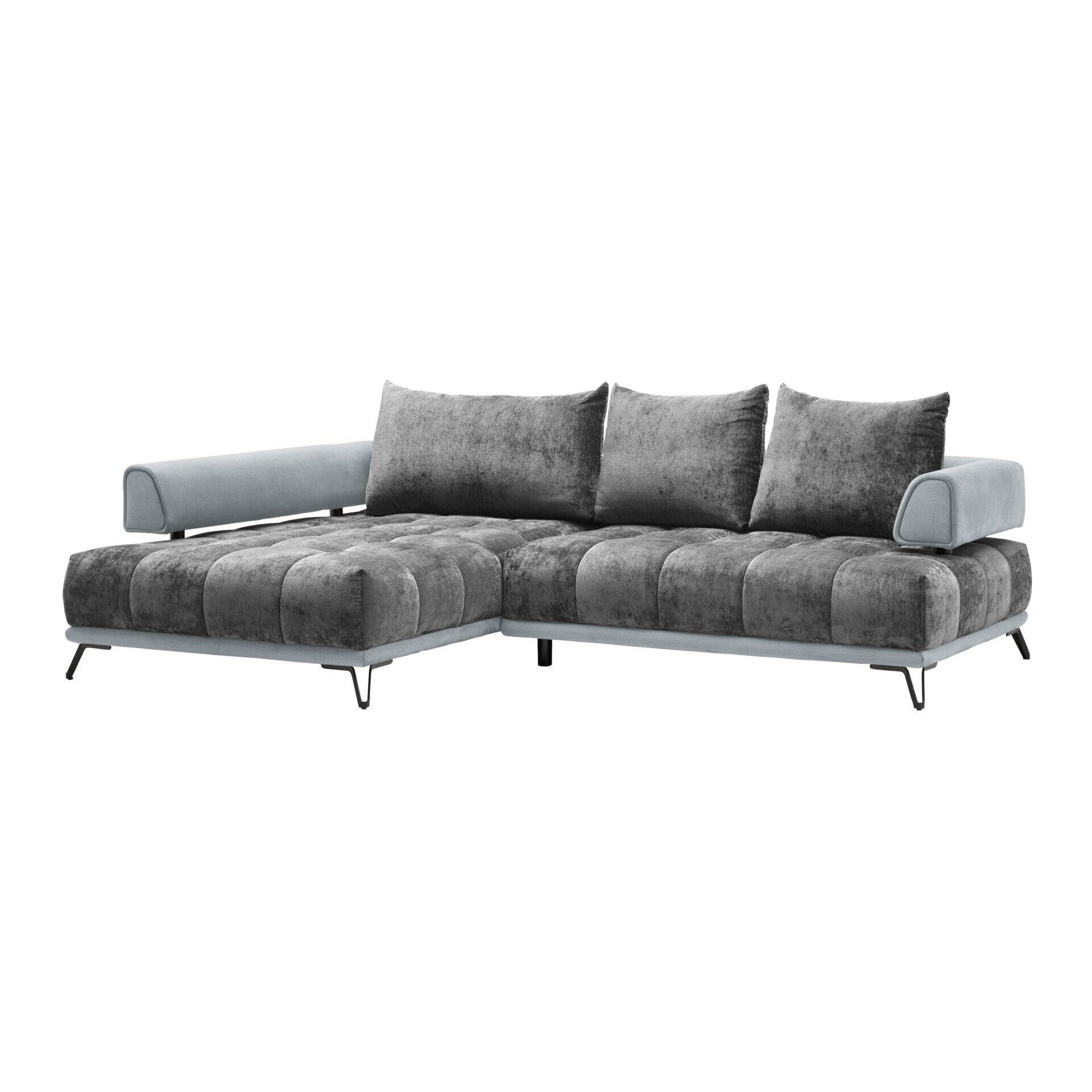 Graues Ecksofa Morgan mit niedriger Sitzhöhe, breiten Kissen, schmalen Armlehnen und schwarzen Metallfüßen, bestehend aus Ottomane und 2-Sitzer.