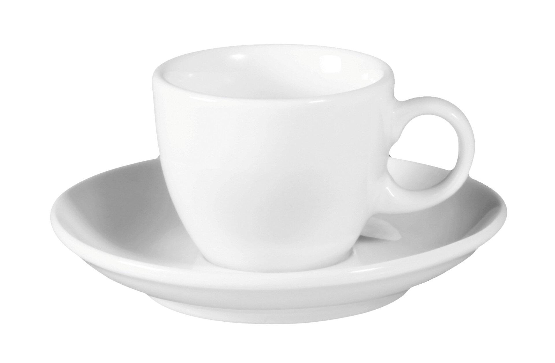 Espressotasse VIP mit Teller, beide in Weiß, zeigt die konische Form der Tasse mit Henkel und den gewellten Rand des Tellers.