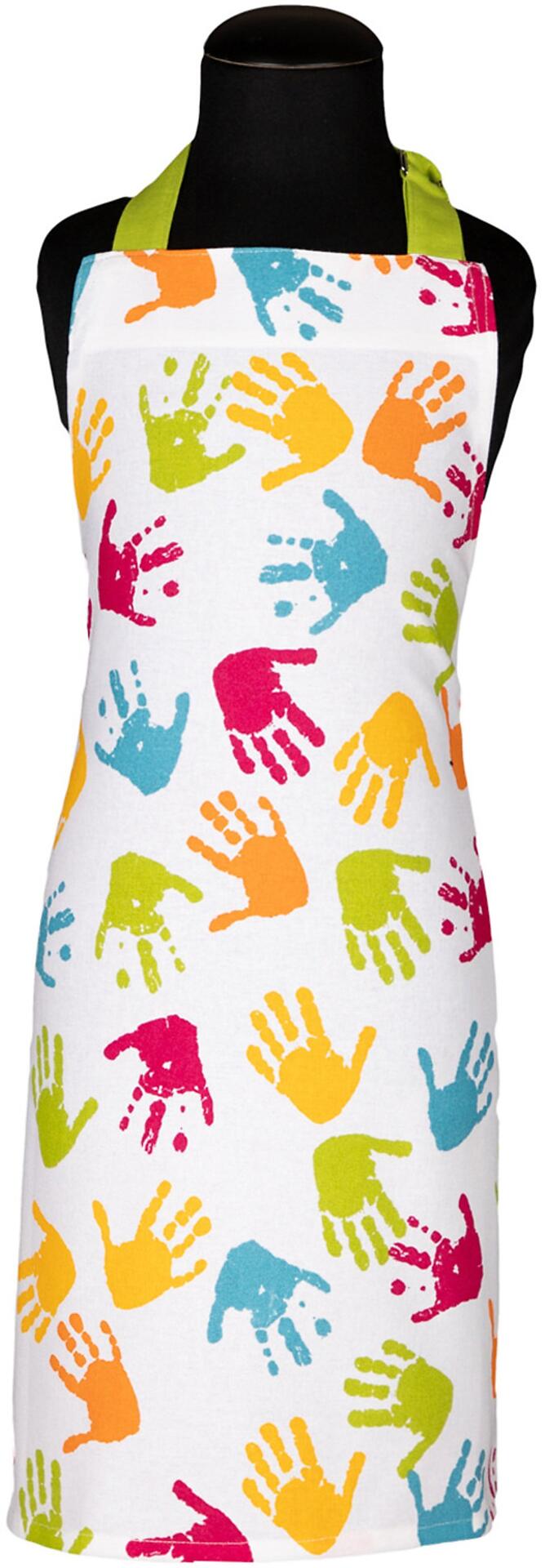 Kinderschürze "Touch me" in Weiß mit buntem Muster aus Handabdrücken auf einem Bügel.