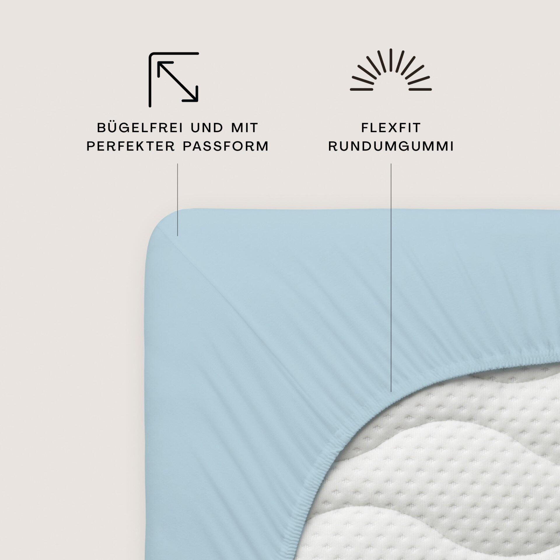 Blaues Spannbetttuch aus Mako-Jersey mit flexiblem Rundgummiband für einfache Handhabung und perfekte Passform.