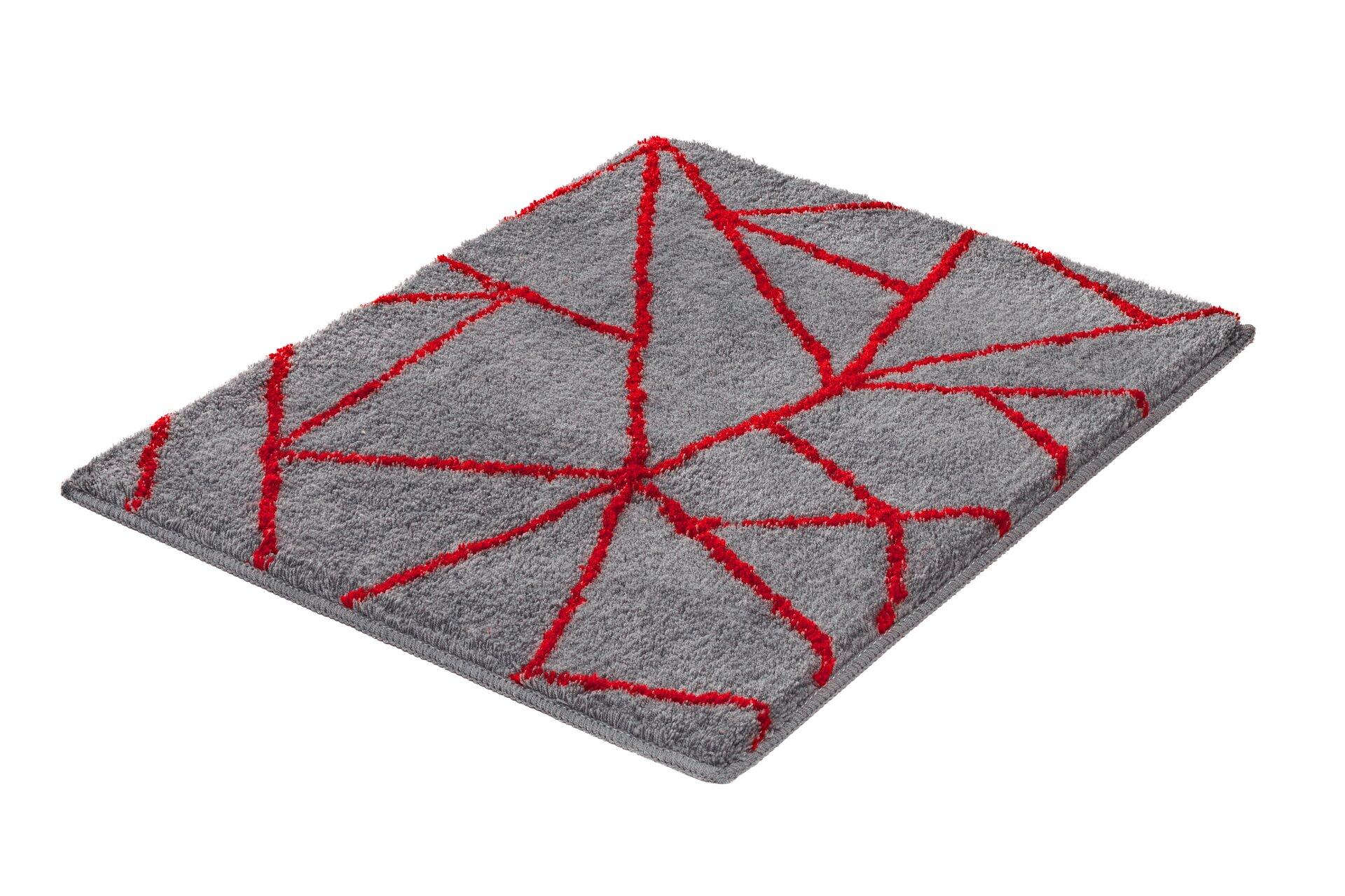 Badteppich Bondi mit abstrakter, geometrischer Struktur aus grauem Untergrund und roten, netzartigen Linien.