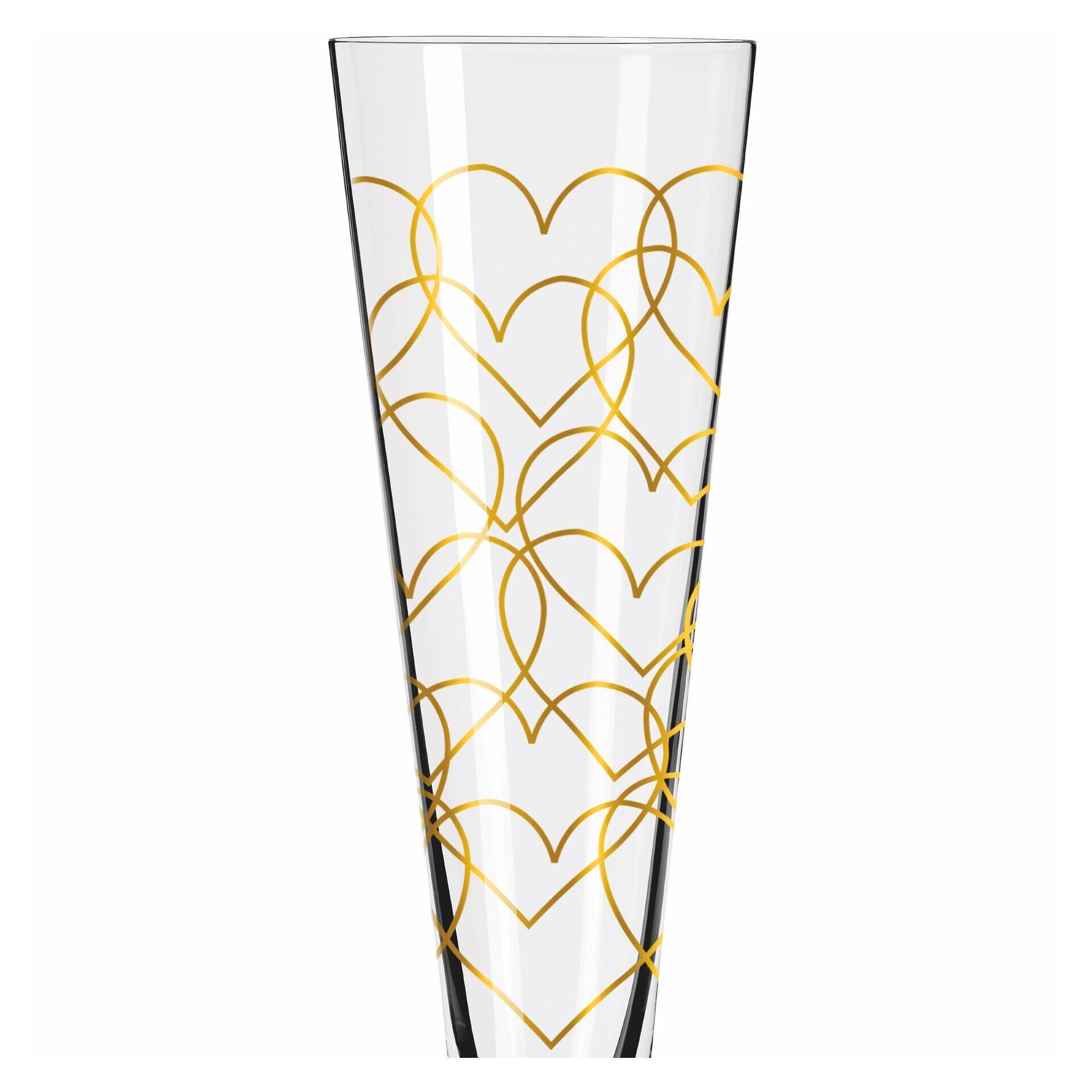 Hohes Champagnerglas-Set mit goldenem Dekor aus verschlungenen Herzformen in einer eleganten, konischen Form.