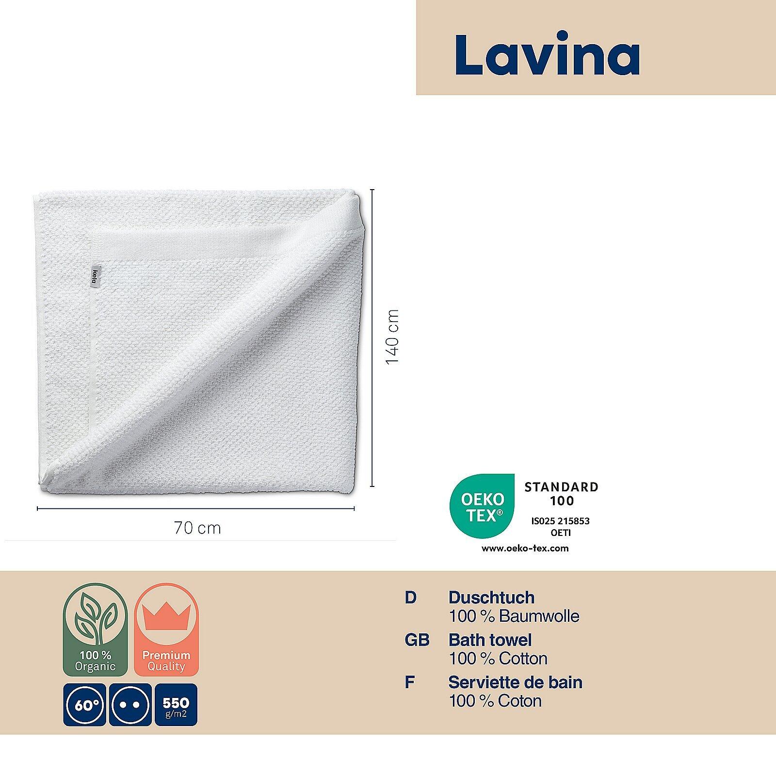 Weißes Duschtuch Lavinia in flacher Frontalansicht mit Strukturmuster, Oeko-Tex Siegel und Produktinformationen zur Materialzusammensetzung und Größe 70x140 cm.