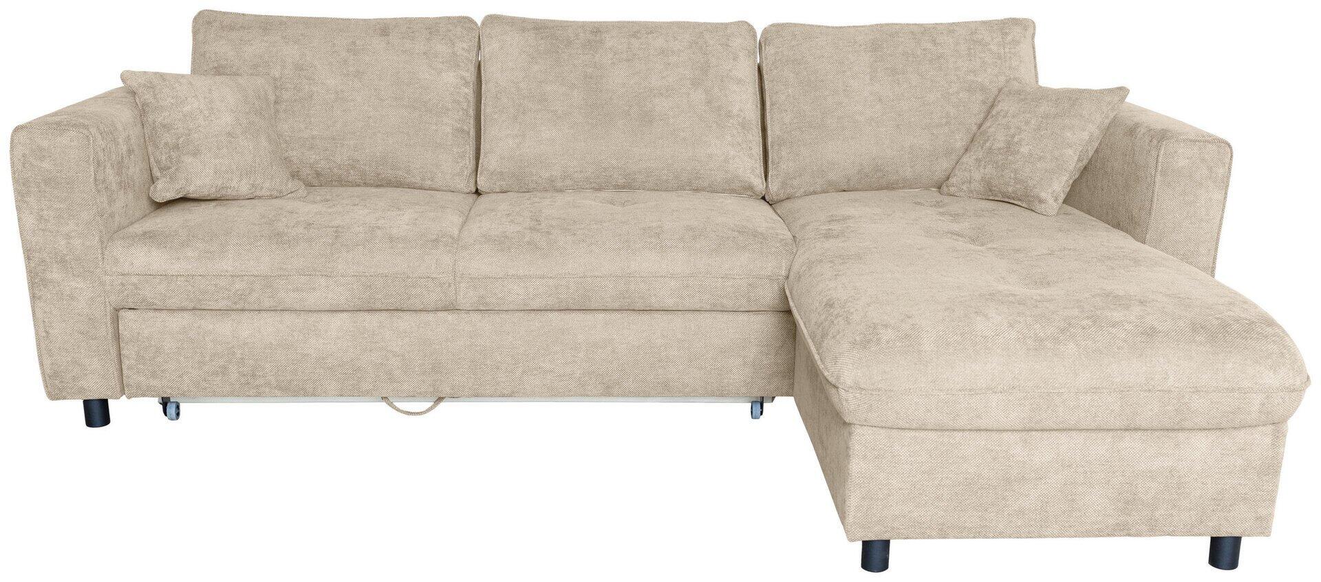 Ecksofa Tokyo in Frontalperspektive mit drei Rückenlehnen, Bettkasten unter dem seitlichen Liegebereich und metallischen Füßen.