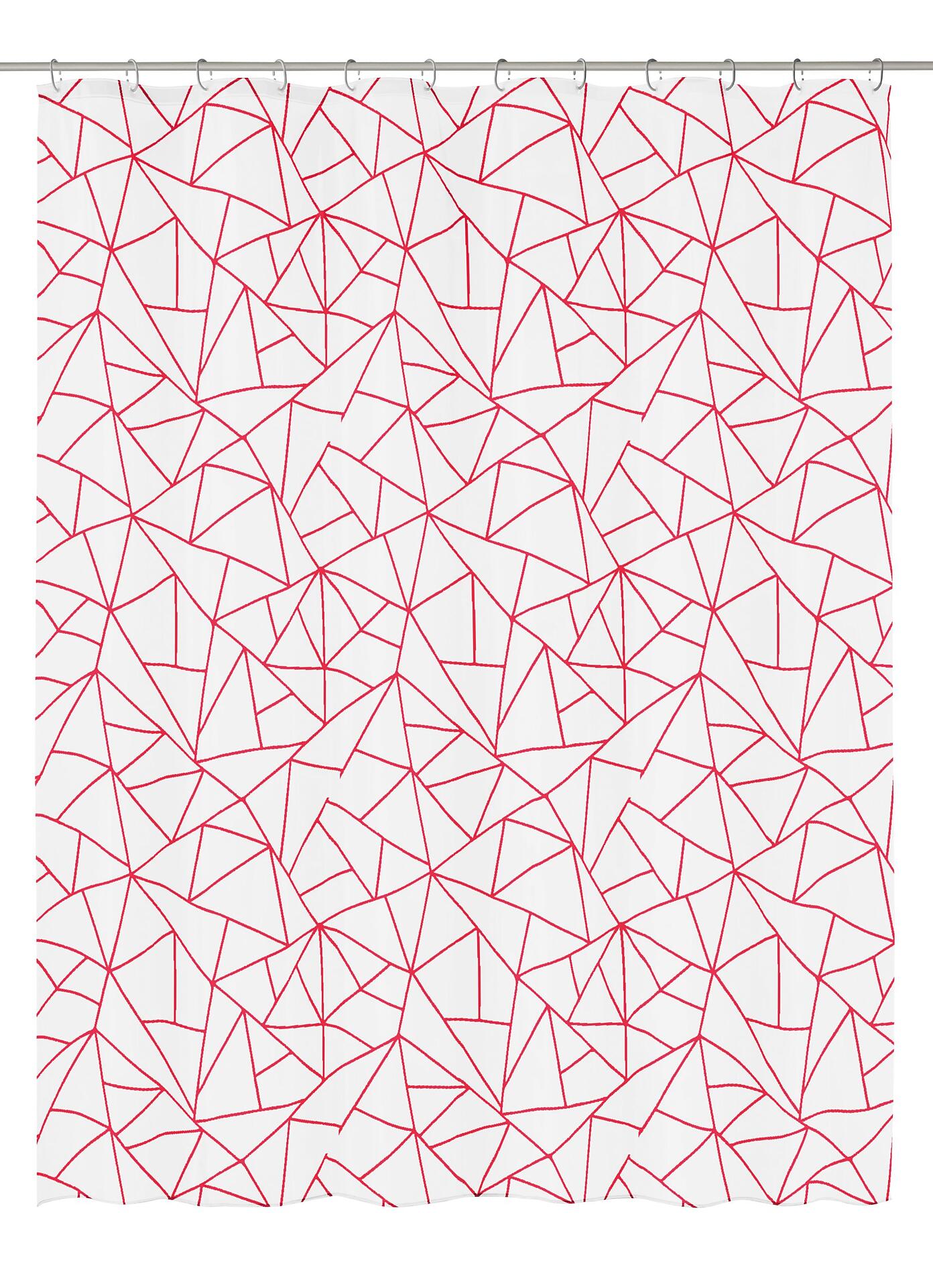 Weißer Duschvorhang PEVA Bondi mit transparentem Grund und rotem, geometrischem Muster aus feinen Linien und Polygonen.