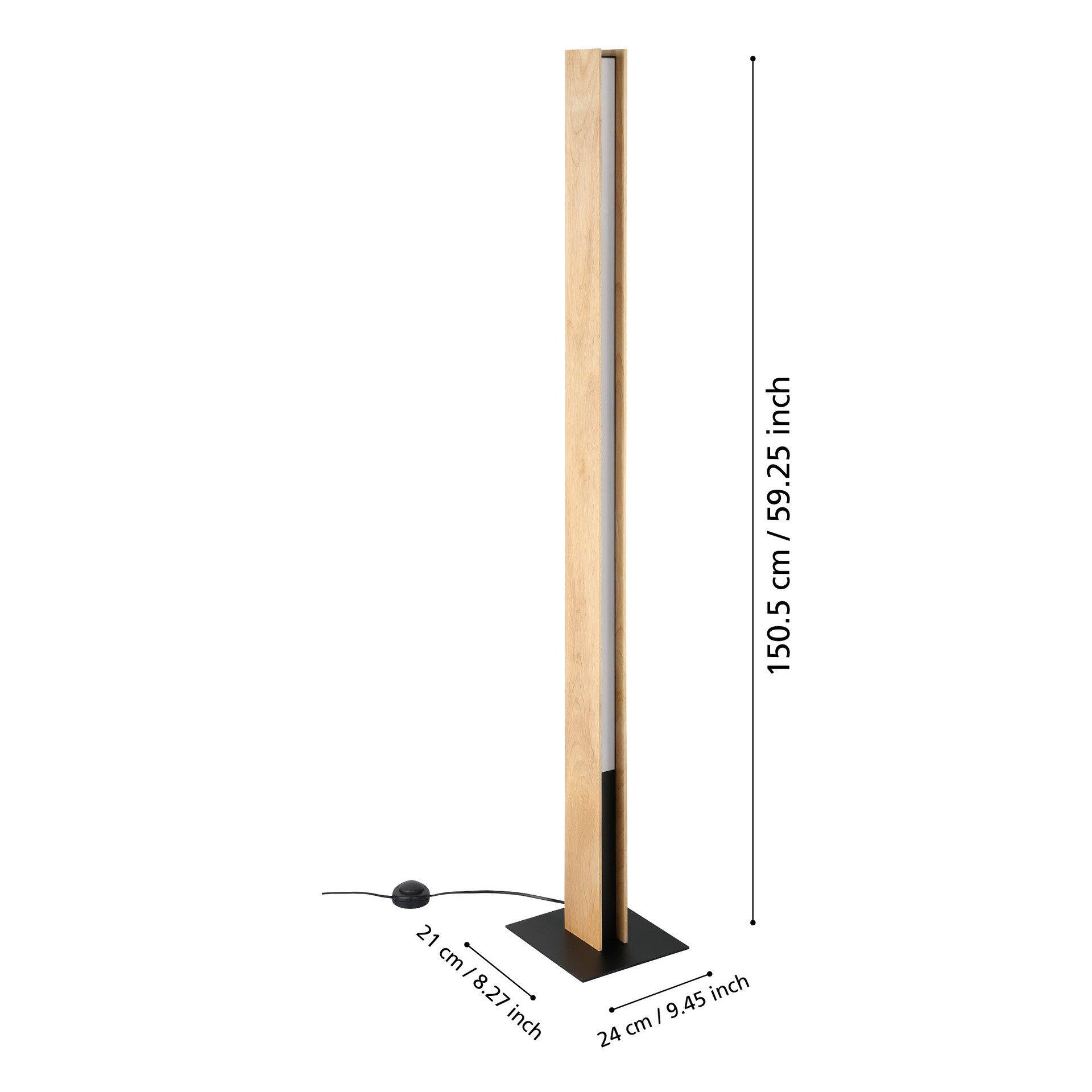 Stehleuchte Anchorena-Z mit minimalistischem Design, zwei Leuchten – eine horizontal abstrahlend auf dem Holzbereich und eine vertikale auf dem schwarzen Sockel – sowie einem zweigeteilten Schaft aus Holzoptik und Schwarz.