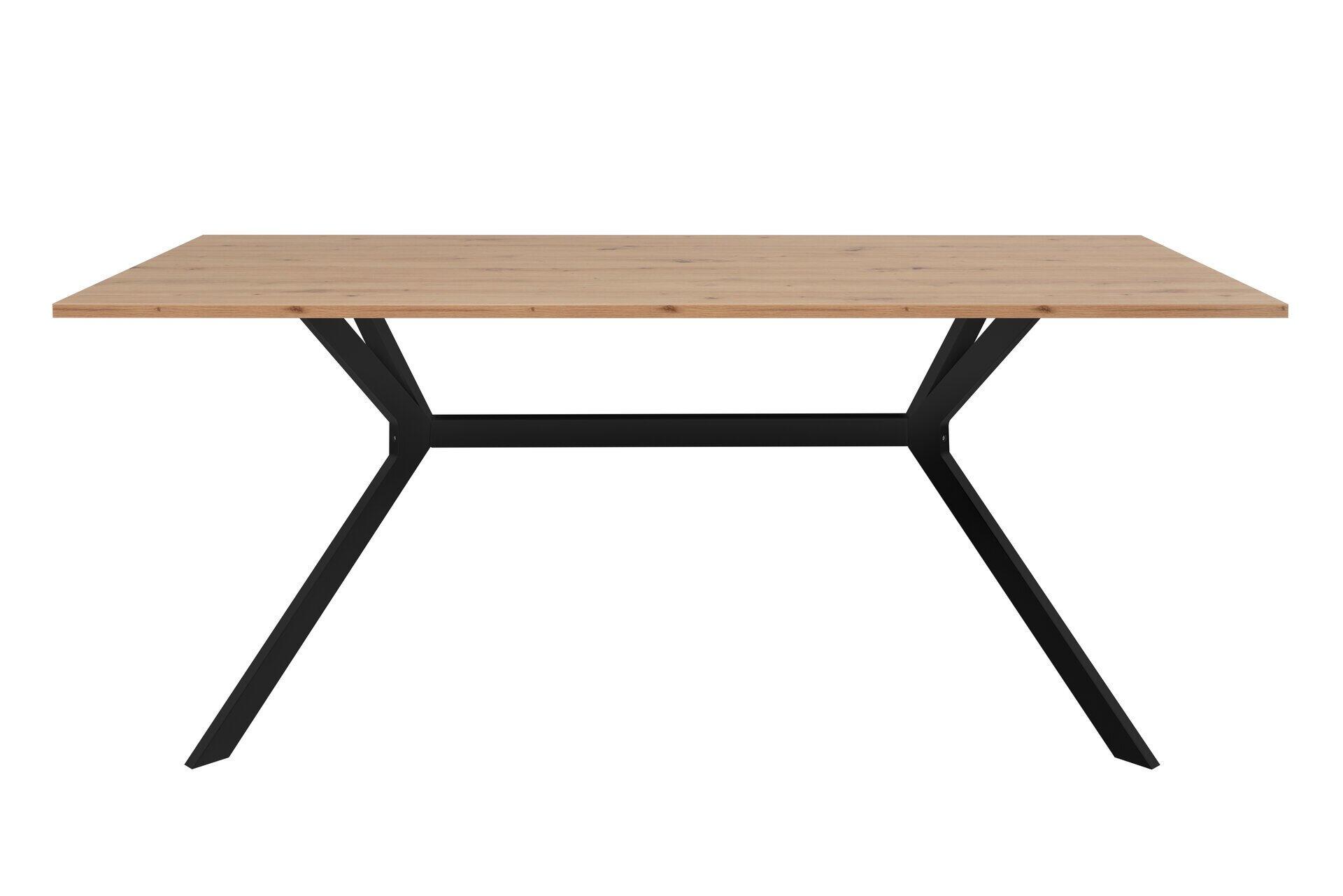 Esstisch Onex 81A mit rechteckiger, holzfarbener Tischplatte und markanten, leicht geneigten, schwarzen Metallbeinen im Y-Design.