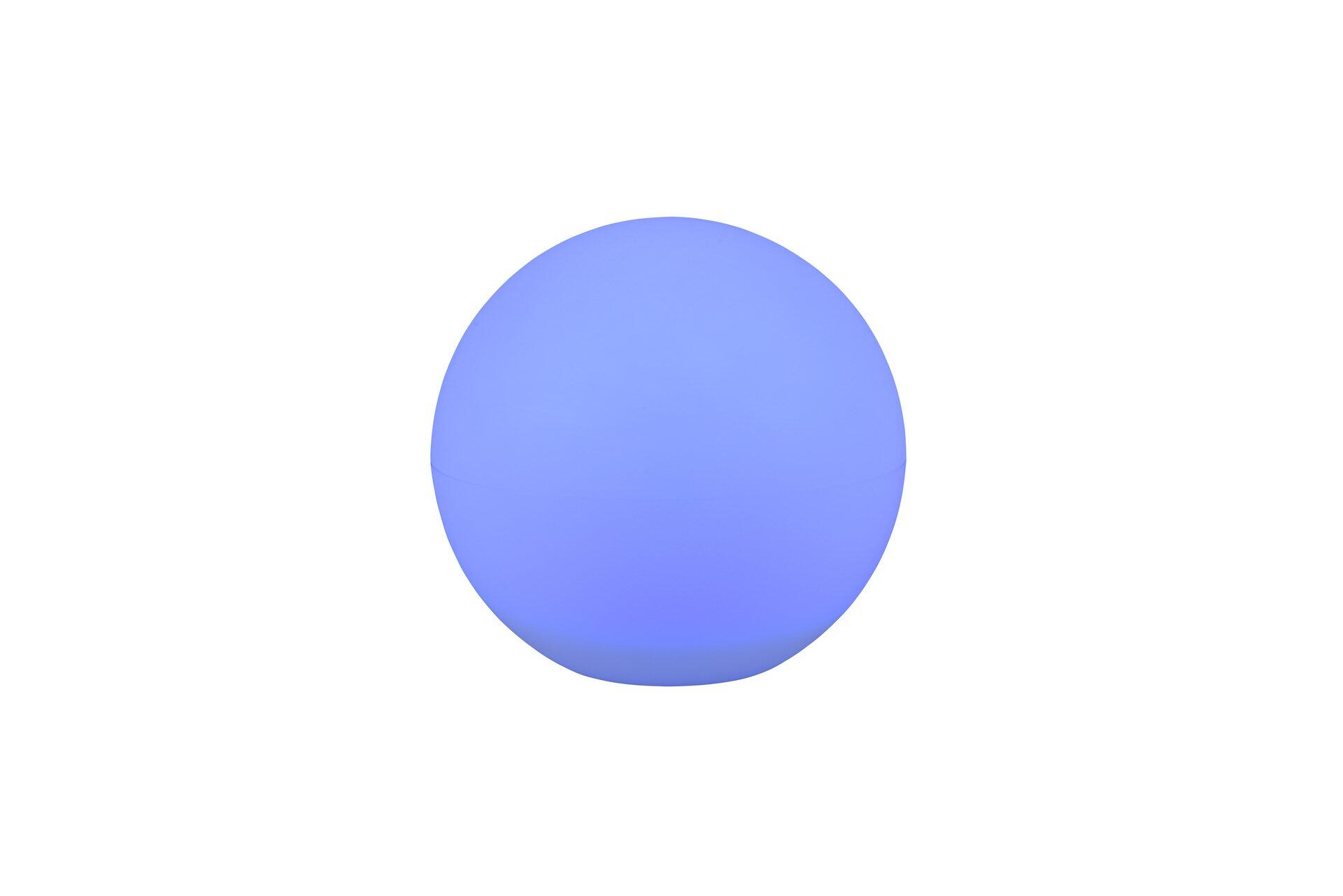 Tischleuchte Melo mit sphärischer Form in leuchtendem Blau, die durch die Frontalansicht ihre volle Kugelform zeigt.