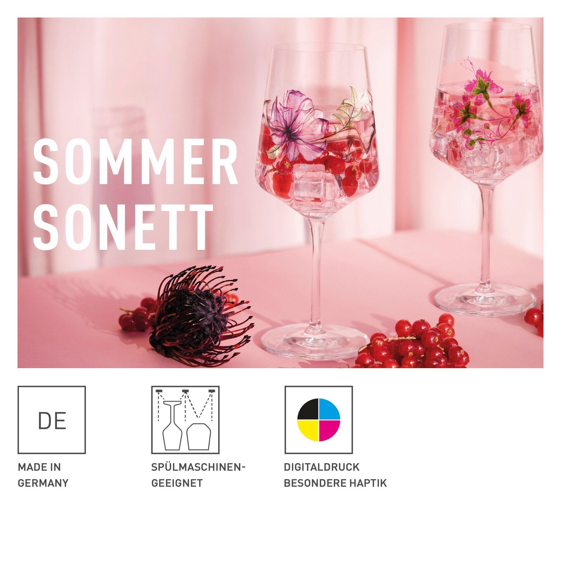 Aperitifglas-Set im Detail: Zwei Weingläser, verziert mit roten Beeren und Blüten, auf weißem Untergrund, mit Symbolen für "Made in Germany", spülmaschinenfreundlich und spezielle Drucktechnik.