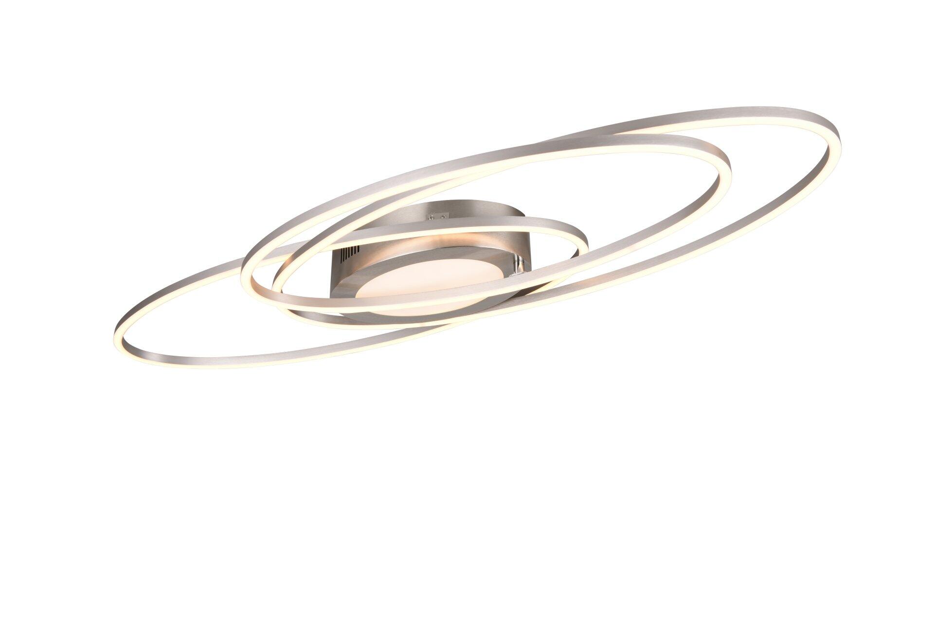 Deckenleuchte Ovine mit ineinander verschachtelten, kreisförmigen Metallringen, die warmweißes Licht abstrahlen und durch das Metallgestell sanft reflektiert werden.
