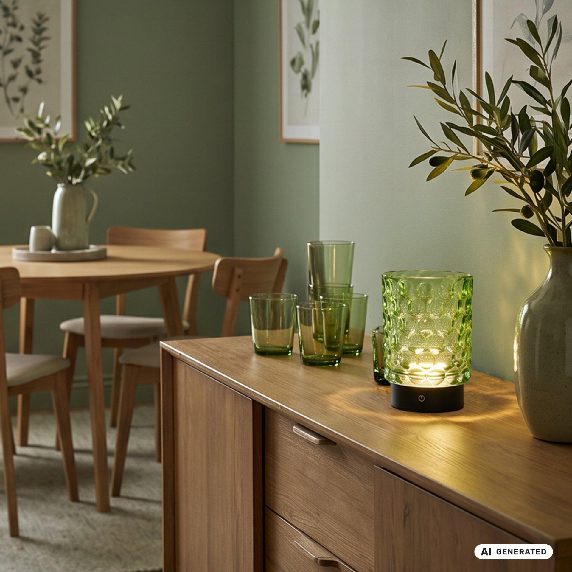 Tischleuchte Sunora mit warmweißem Licht auf einem Sideboard, beleuchtet die Oberfläche und schafft eine gemütliche Atmosphäre.