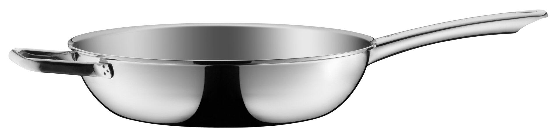 WMF Stielpfanne Profi Resist, 28 cm, aus Edelstahl mit halbrunder Form und ergonomisch geformtem Griff, seitliche Ansicht.