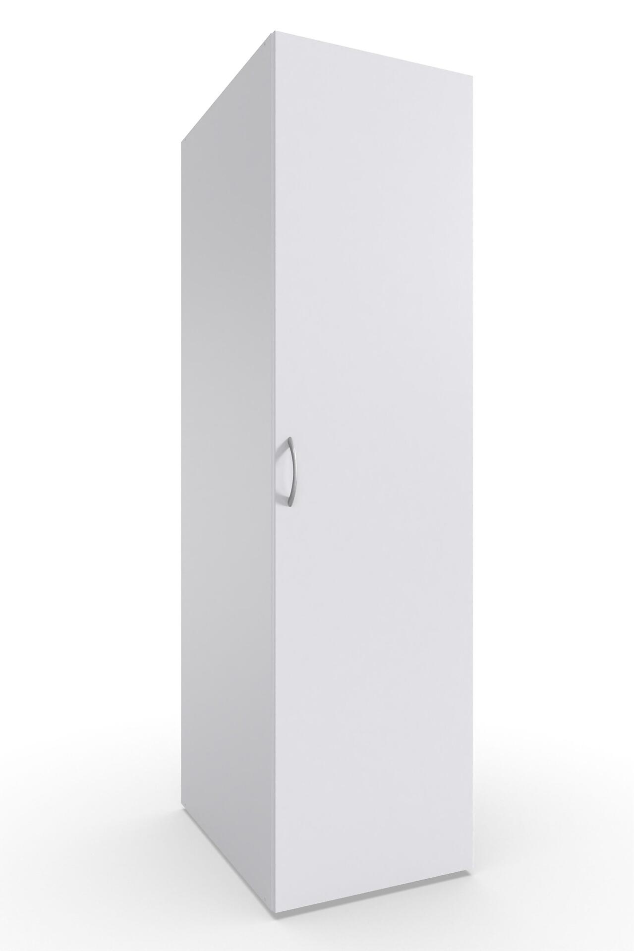Weißer Schrank aus dem Multiraumkonzept mit silbernem Griff, hochformatig dargestellt und mit geschlossenen Türen.