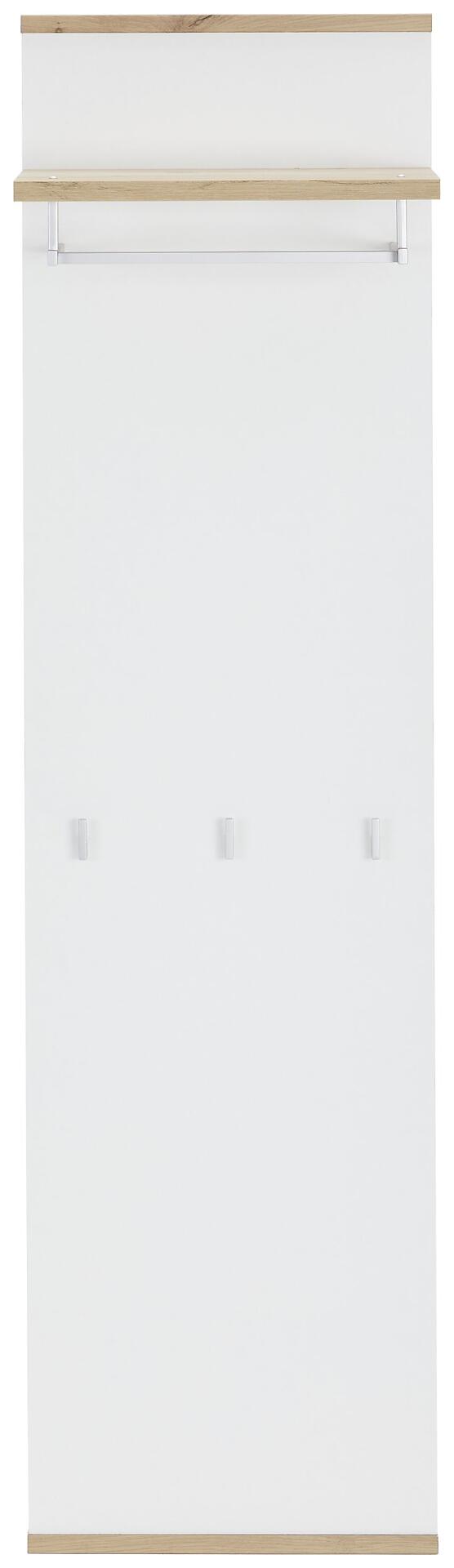 Weiße Wandgarderobe Yamael mit drei Haken und Kleiderbügel, dargestellt in Frontalperspektive.