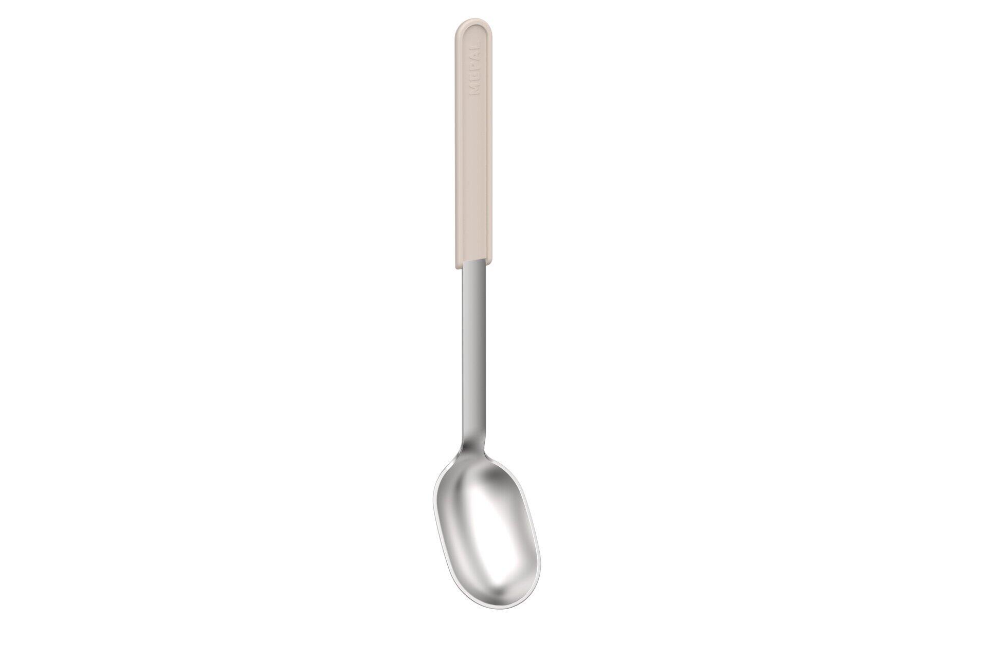 Servierlöffel "Chef it" mit langem silberfarbenem Griff und ovalem, beigem Kunststoff-Kopfform.