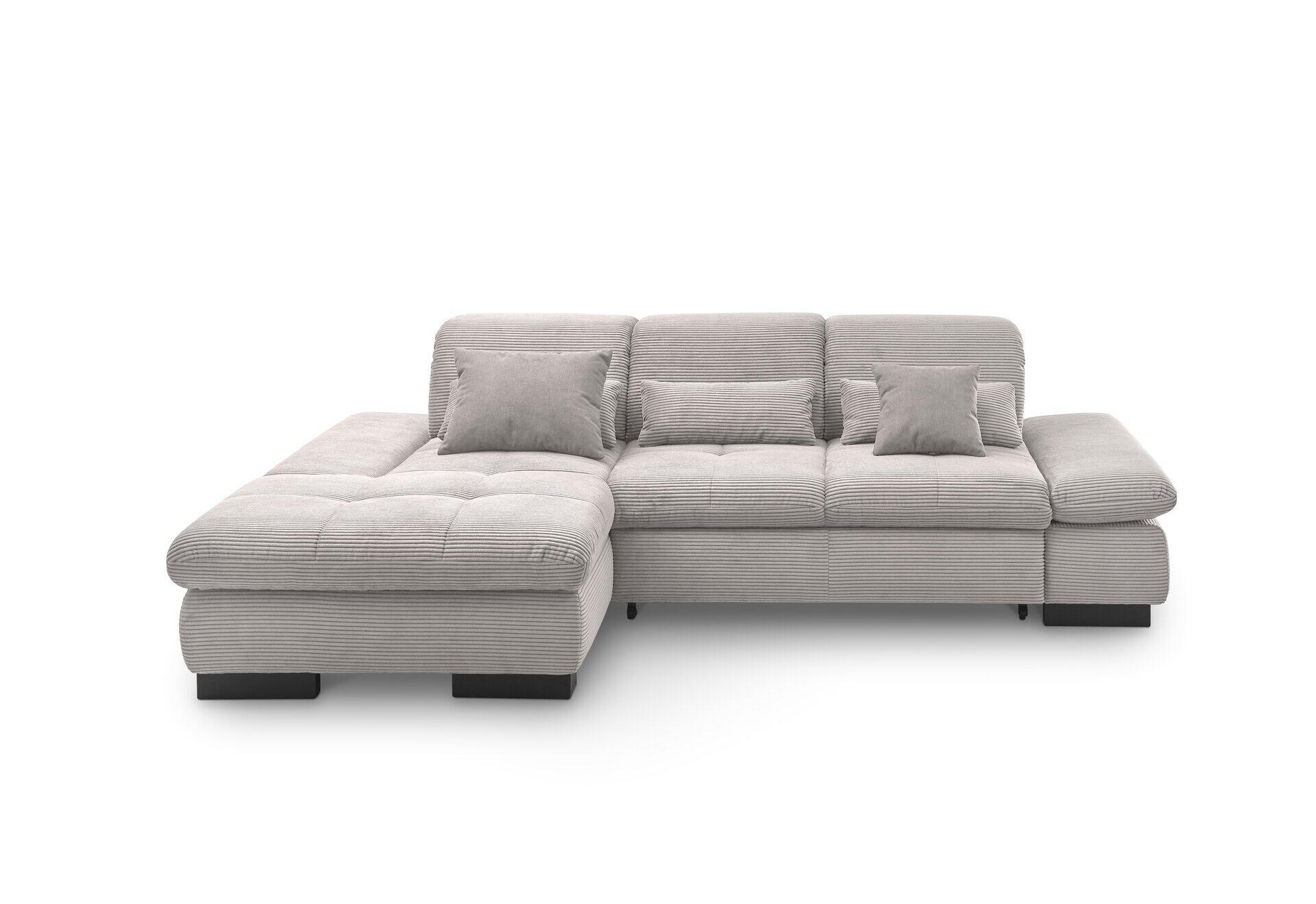 Graues, modernes Ecksofa SO 4100 mit ausziehbaren Fußteil und breiten, rechteckigen Sitz- und Rückenlehnen, dargestellt in einer Frontalansicht.