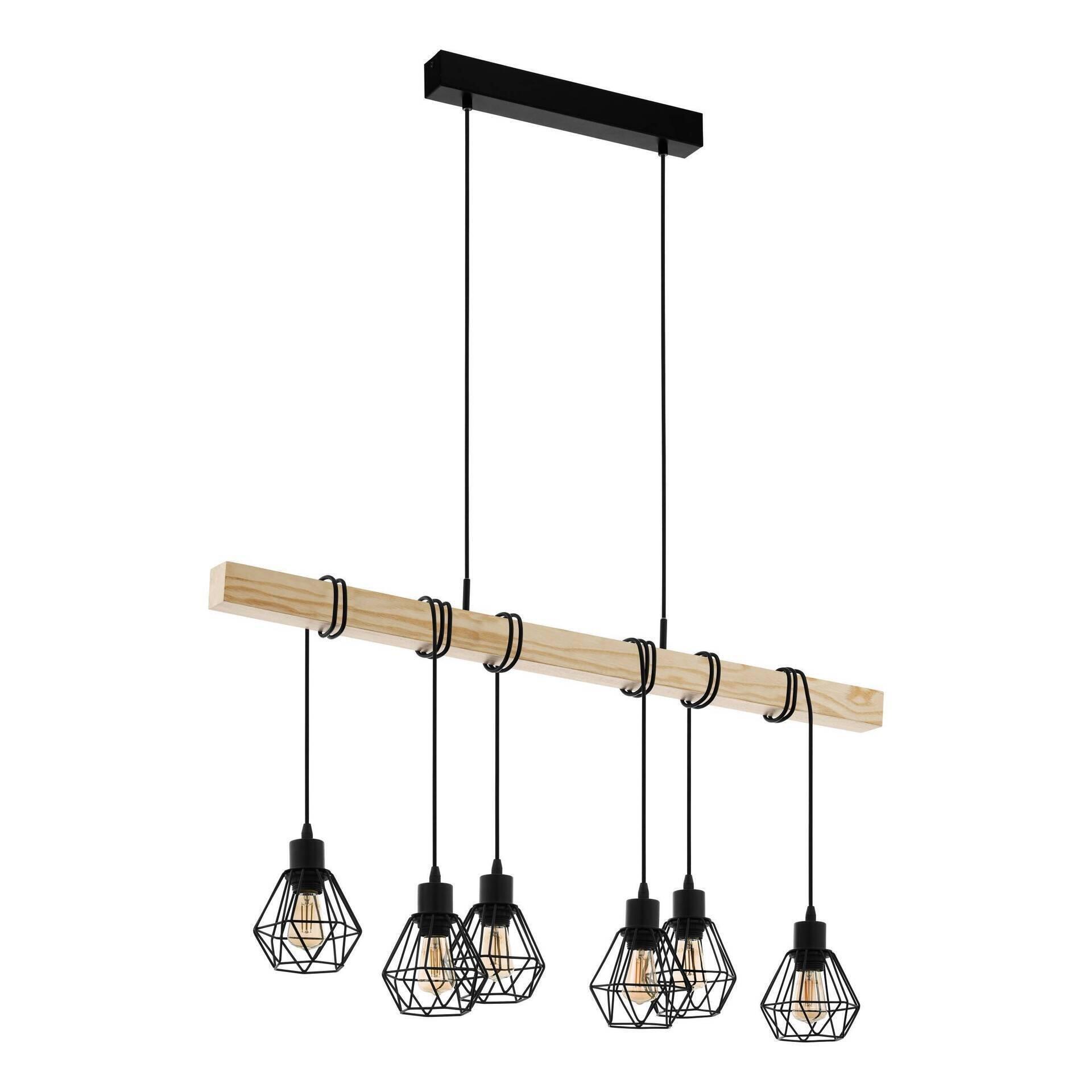 Pendelleuchte Townshend 5 im Industrial Design mit sechs Edison-Glühbirnen in schwarzen Metallkorb-Lampenschirmen, die an einem horizontalen Holzbalken hängen.