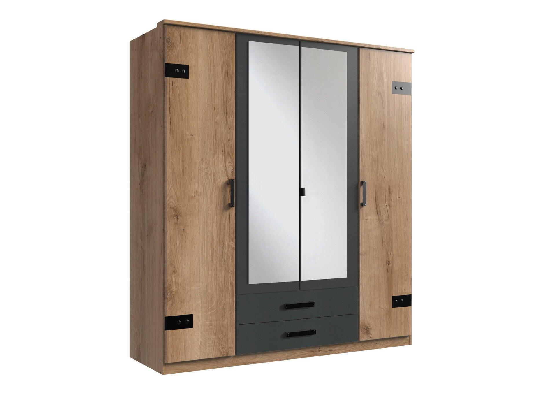 Kleiderschrank Cork in Graphit mit großem Spiegel, zwei Schubladen und dekorativen Seitenelementen, aus Frontalperspektive aufgenommen.