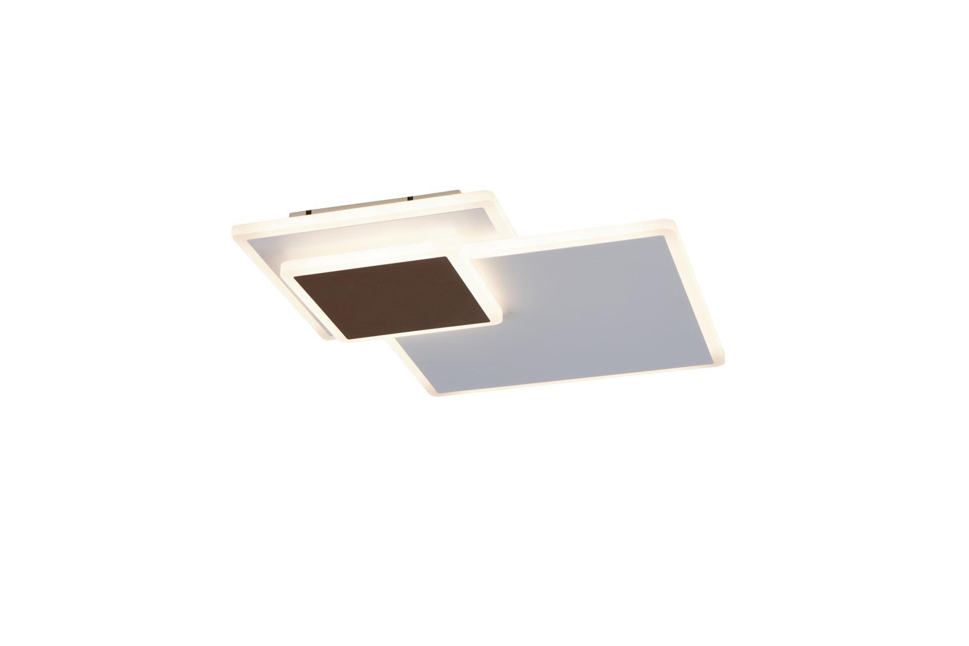 Deckenleuchte Serea mit mehreren rechteckigen Elementen und integriertem Display für die Bedienung, dargestellt in einer Schrägsicht, die das moderne Design und die Tiefe der Leuchte betont.