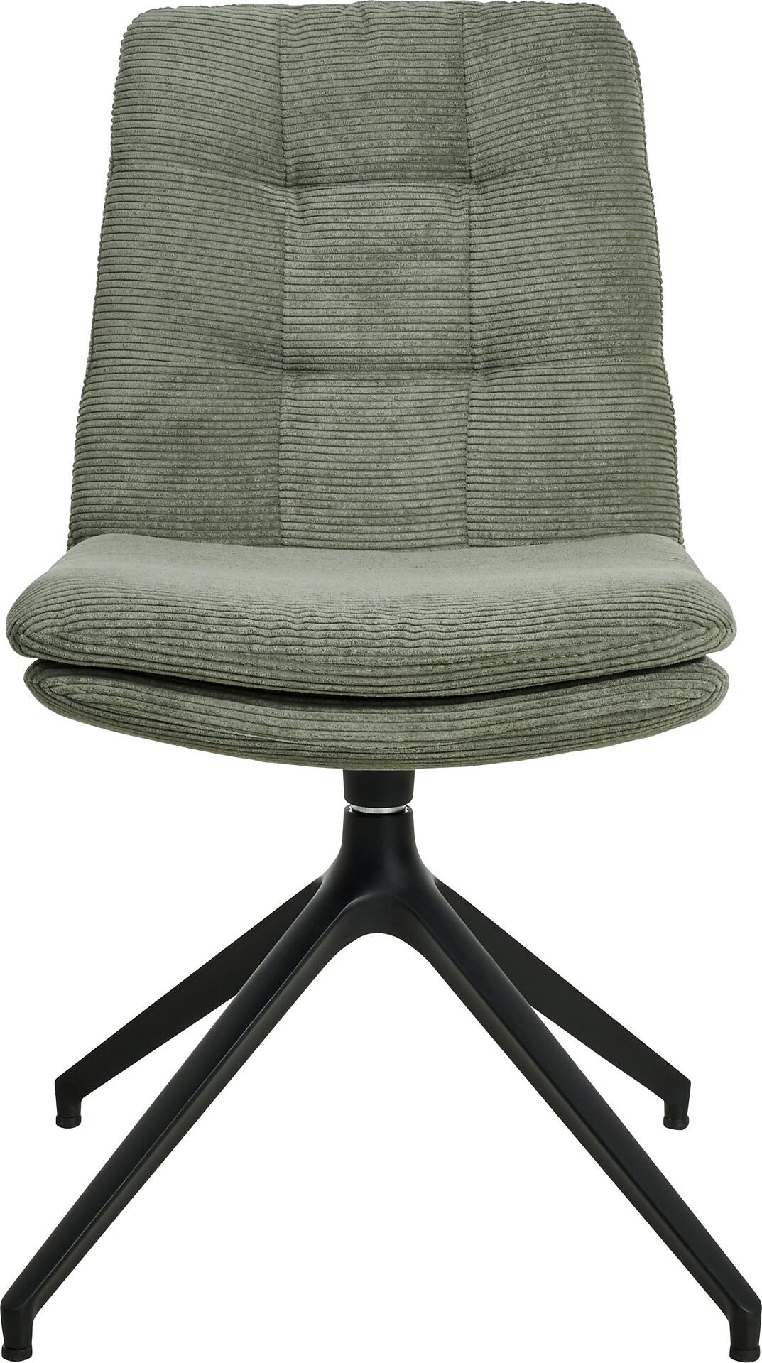 Schwenkbarer Flame Chair Sessel mit schwarzem, fußkreuzförmigen Untergestell und strukturiertem hellgrün-grauem Bezug, der die Drehfunktion verdeutlicht.